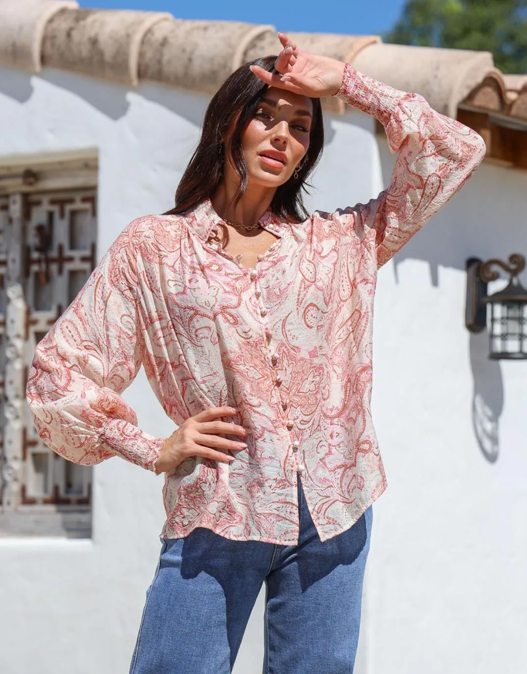 Dana Shirred Cuff Button Blouse - Pink