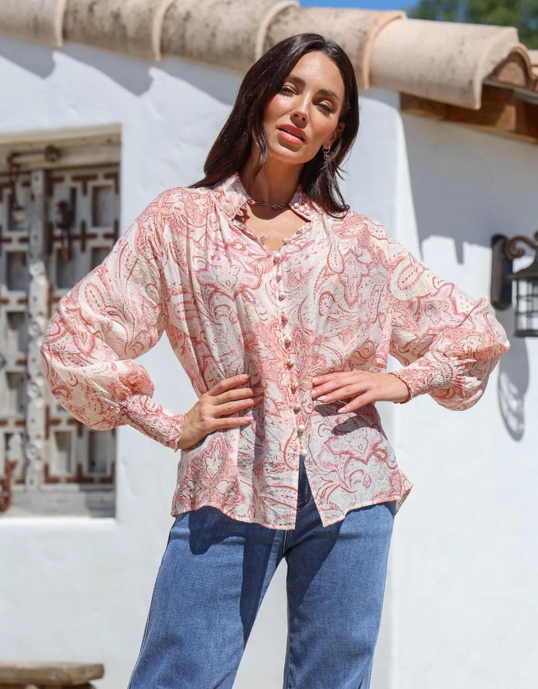 Dana Shirred Cuff Button Blouse - Pink