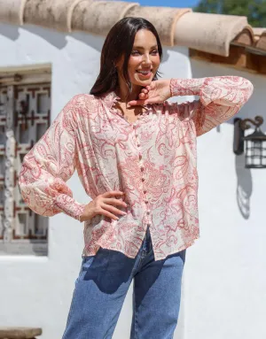 Dana Shirred Cuff Button Blouse - Pink