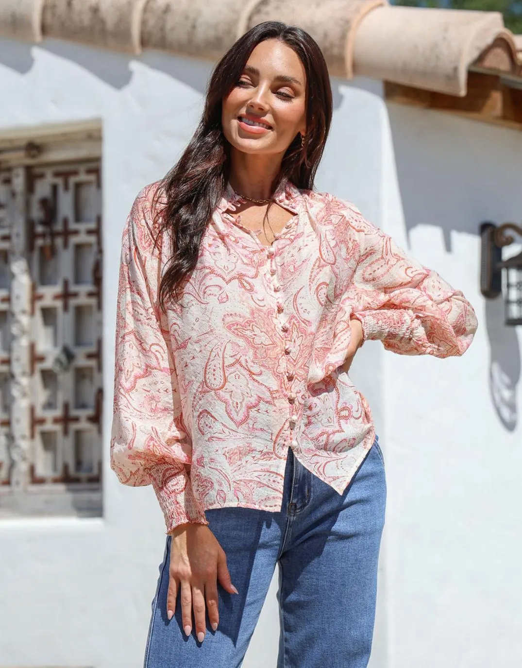 Dana Shirred Cuff Button Blouse - Pink