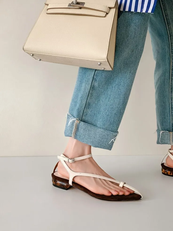 Denver Genuine Leather Narrow Band Ankle Strap Flats