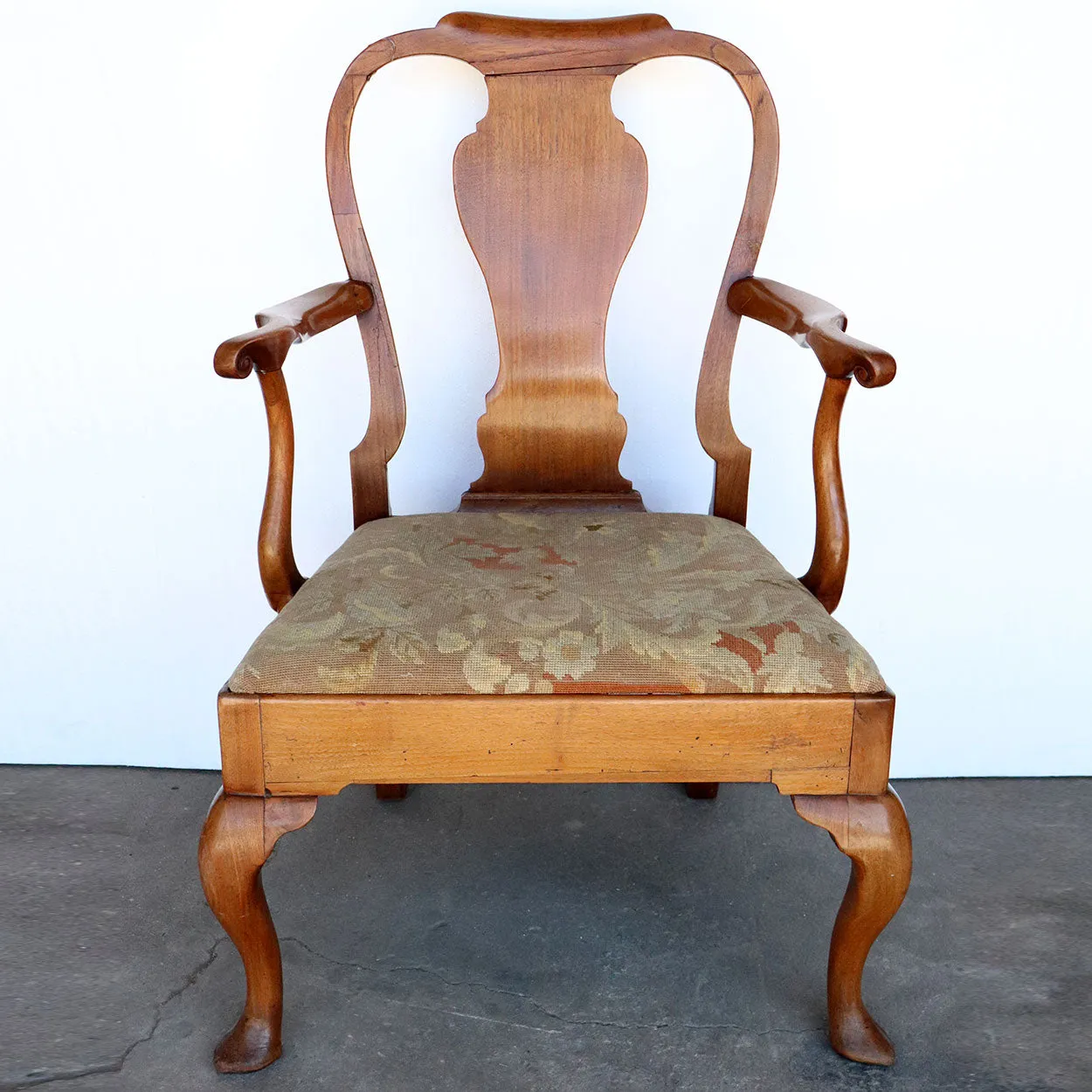 English Queen Anne Mahogany Upholstered Seat Armchair