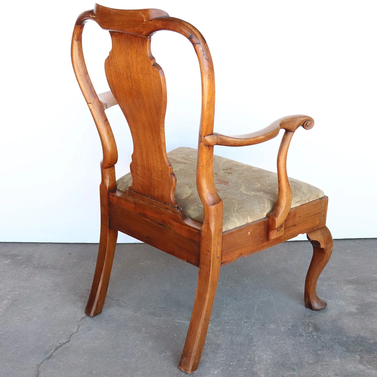 English Queen Anne Mahogany Upholstered Seat Armchair