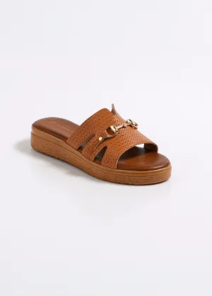 Faux leather mules with herringbone pattern and metal detail
