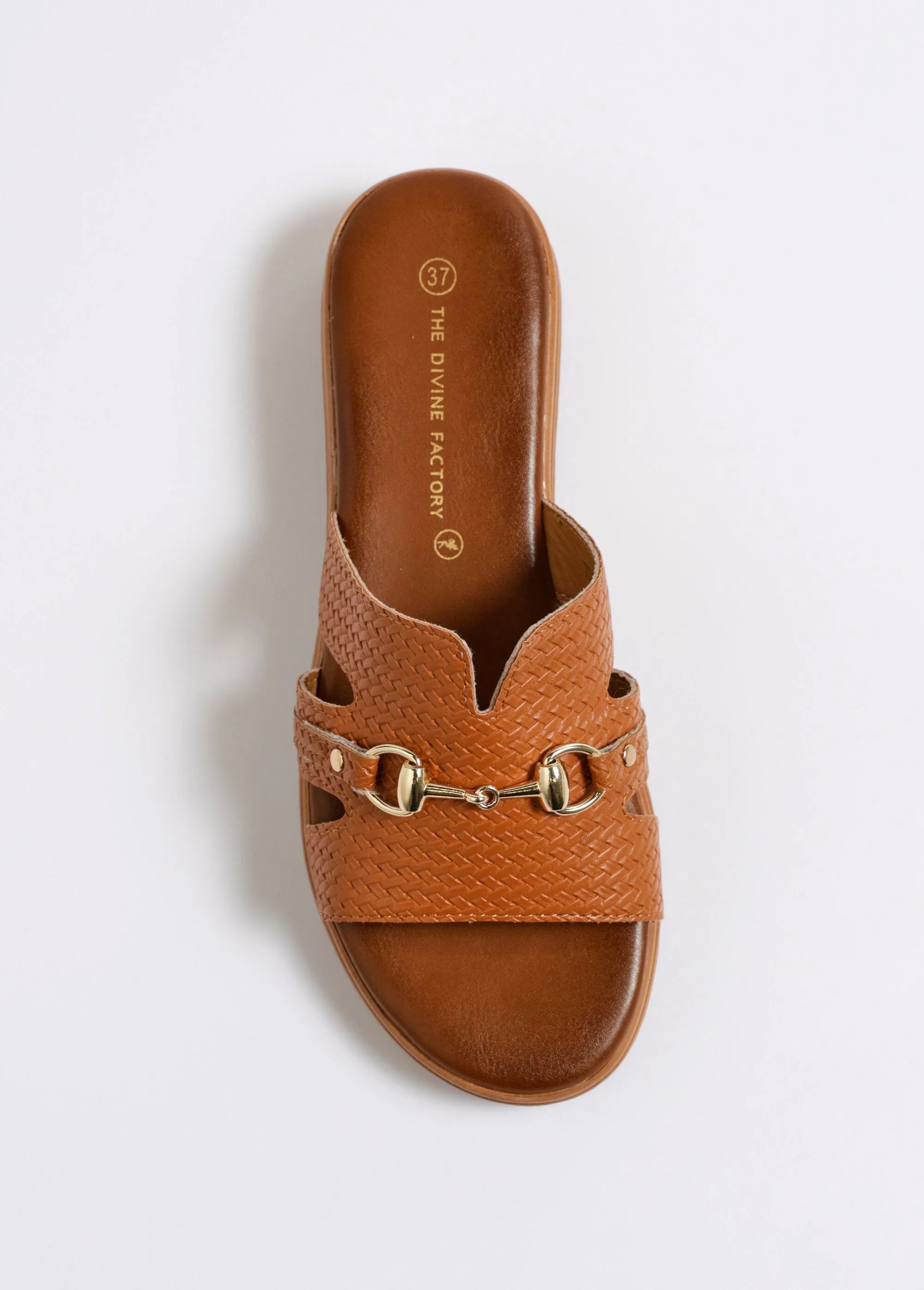 Faux leather mules with herringbone pattern and metal detail