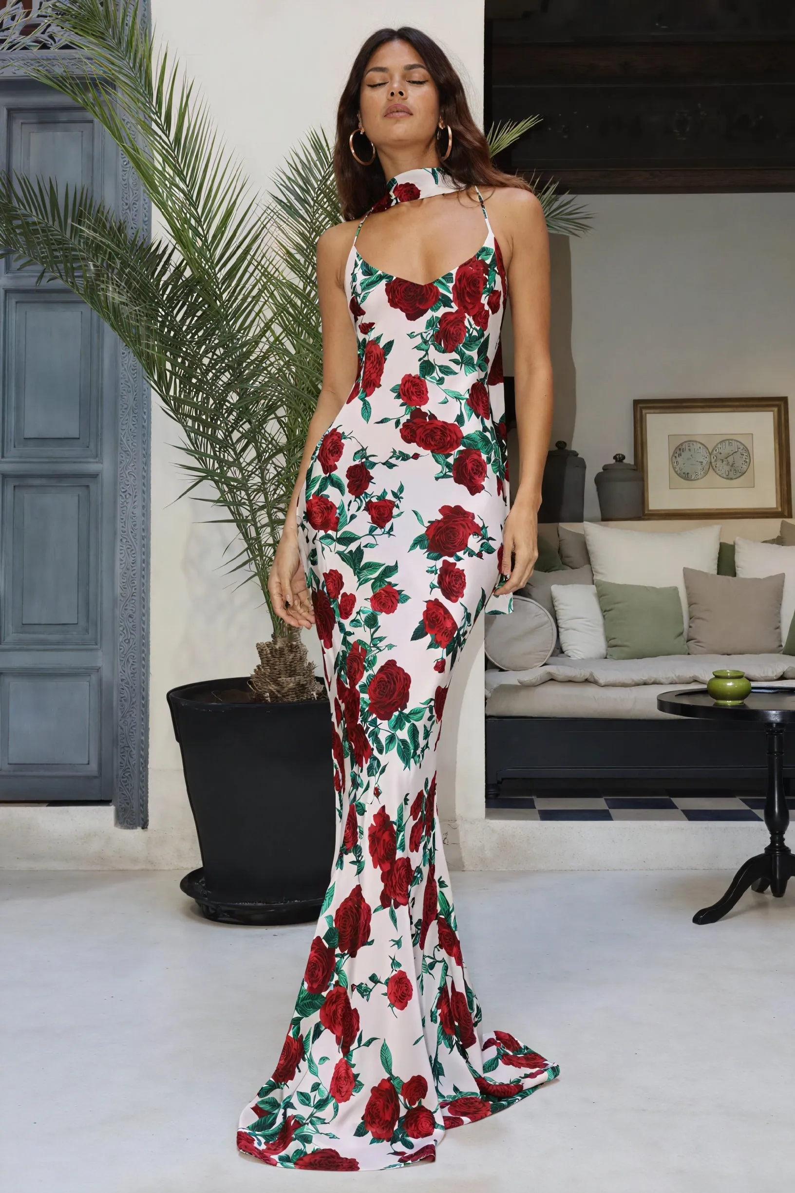 Floral Halter Neck Floor-Length Dress