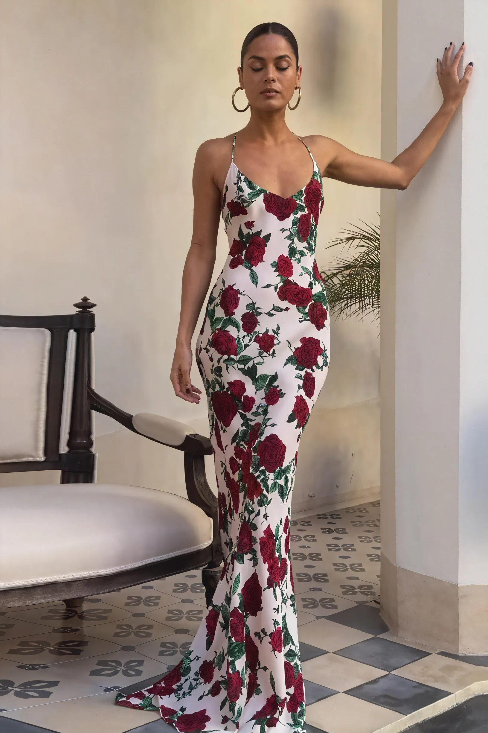 Floral Halter Neck Floor-Length Dress