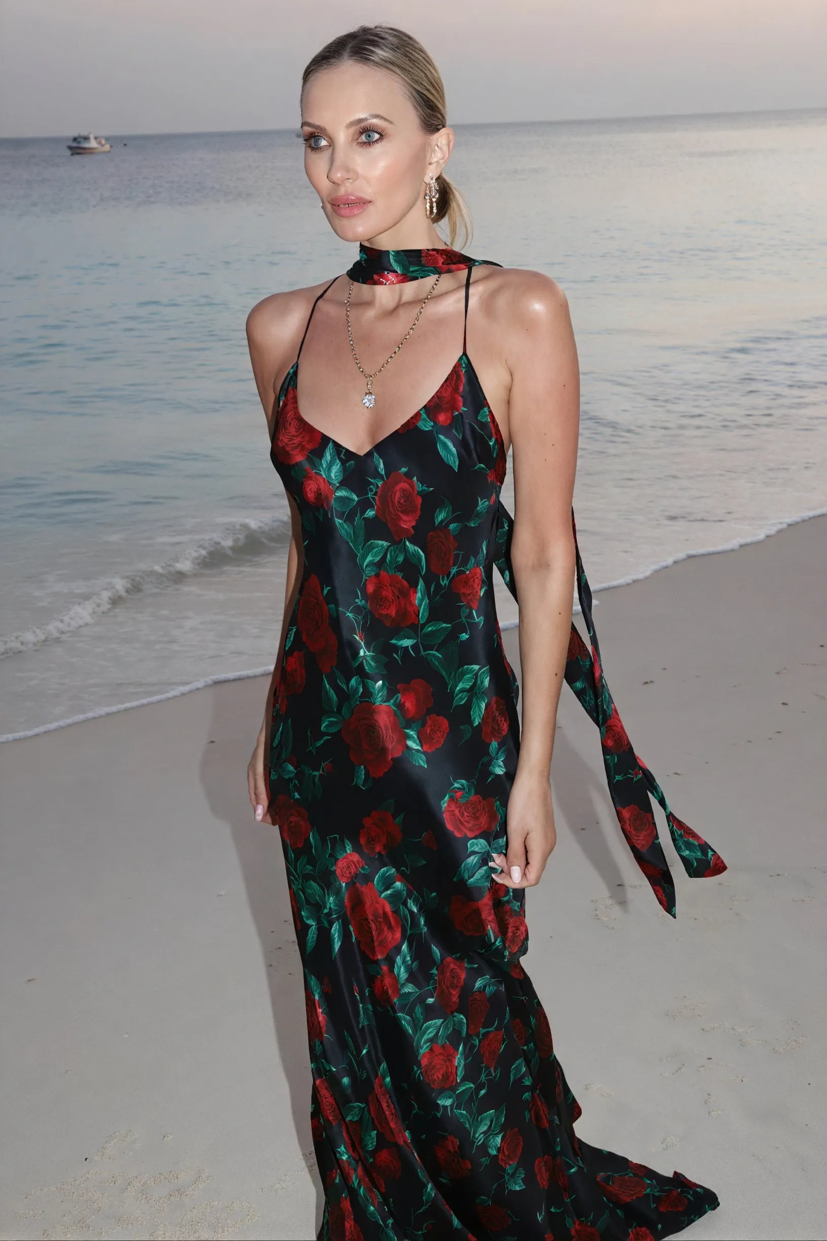 Floral Halter Neck Floor-Length Dress