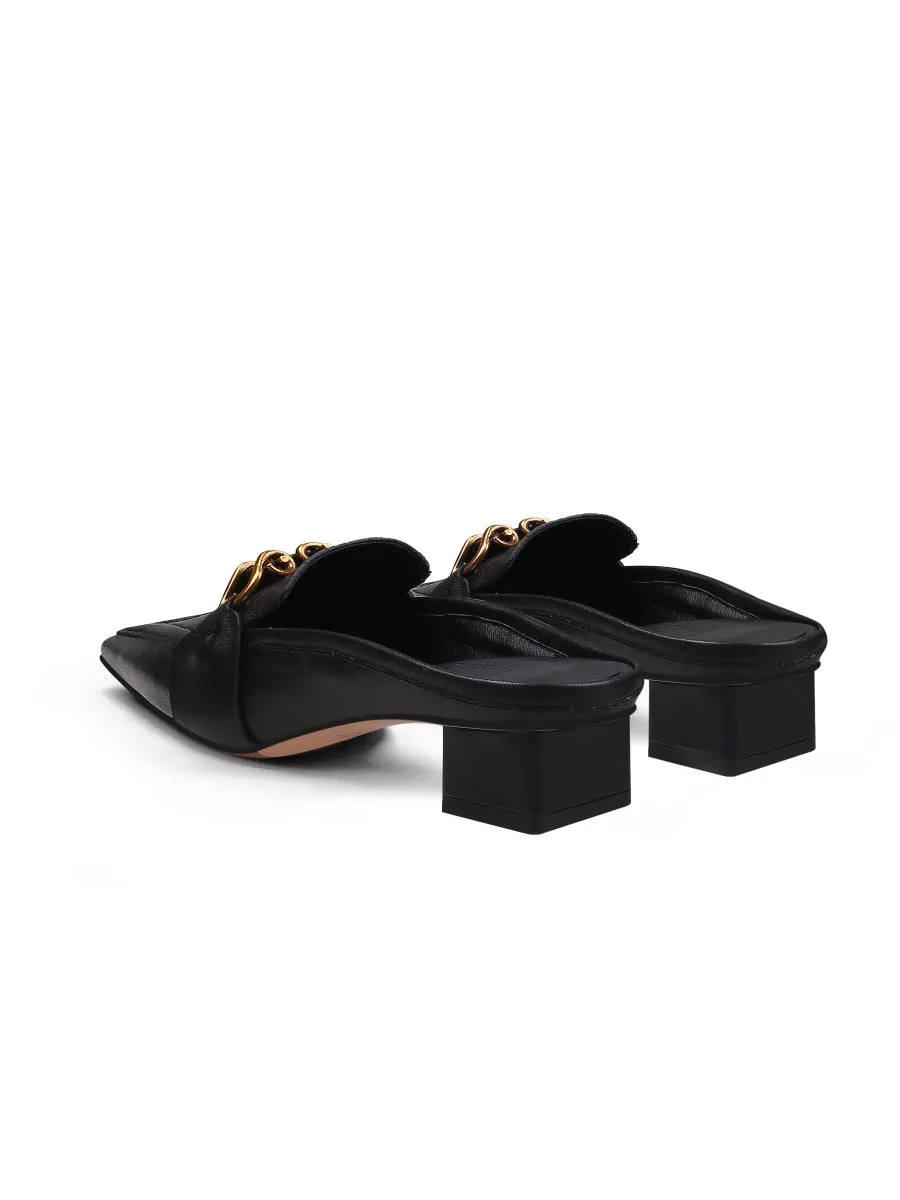 Genuine Leather Golden Lock Chain Mules Sandals - Black