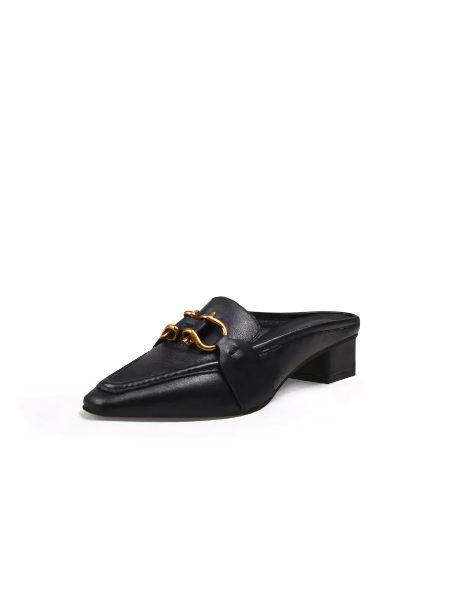 Genuine Leather Golden Lock Chain Mules Sandals - Black