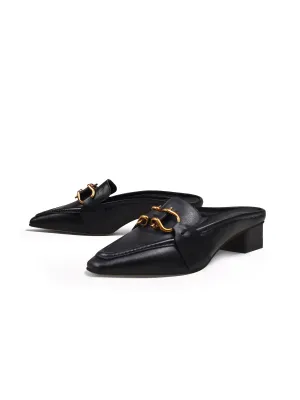 Genuine Leather Golden Lock Chain Mules Sandals - Black