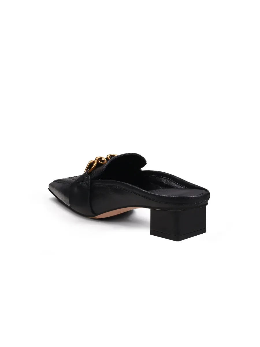 Genuine Leather Golden Lock Chain Mules Sandals - Black
