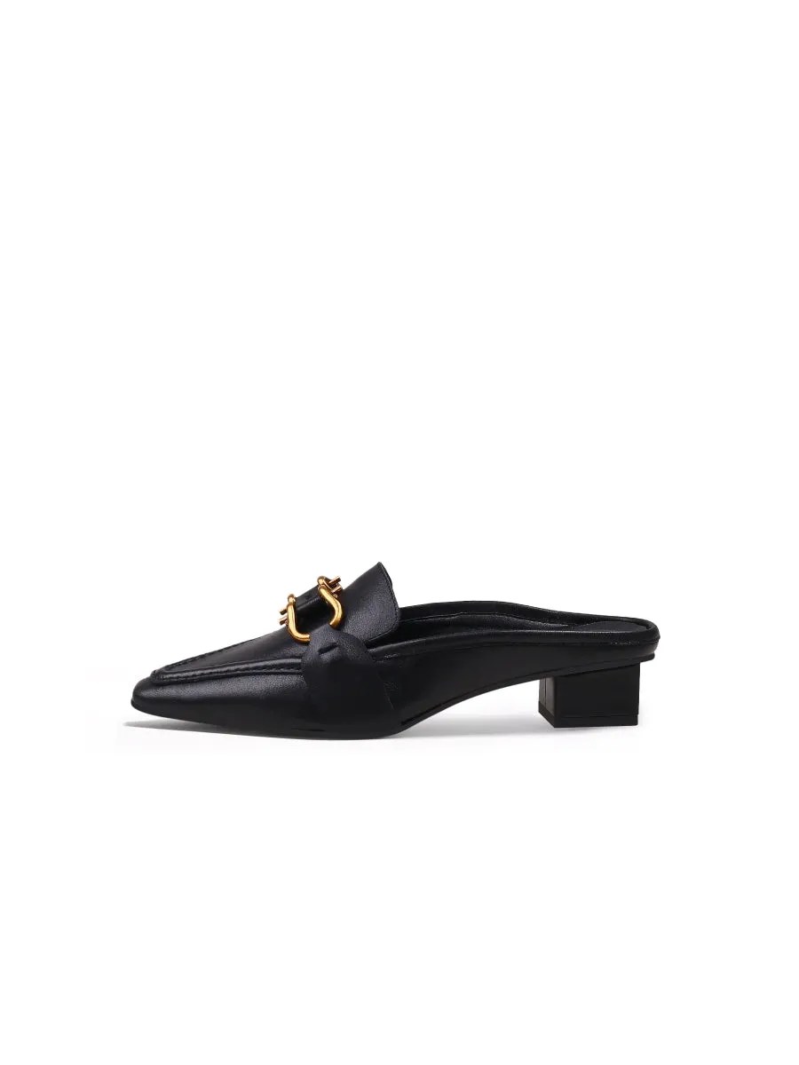 Genuine Leather Golden Lock Chain Mules Sandals - Black