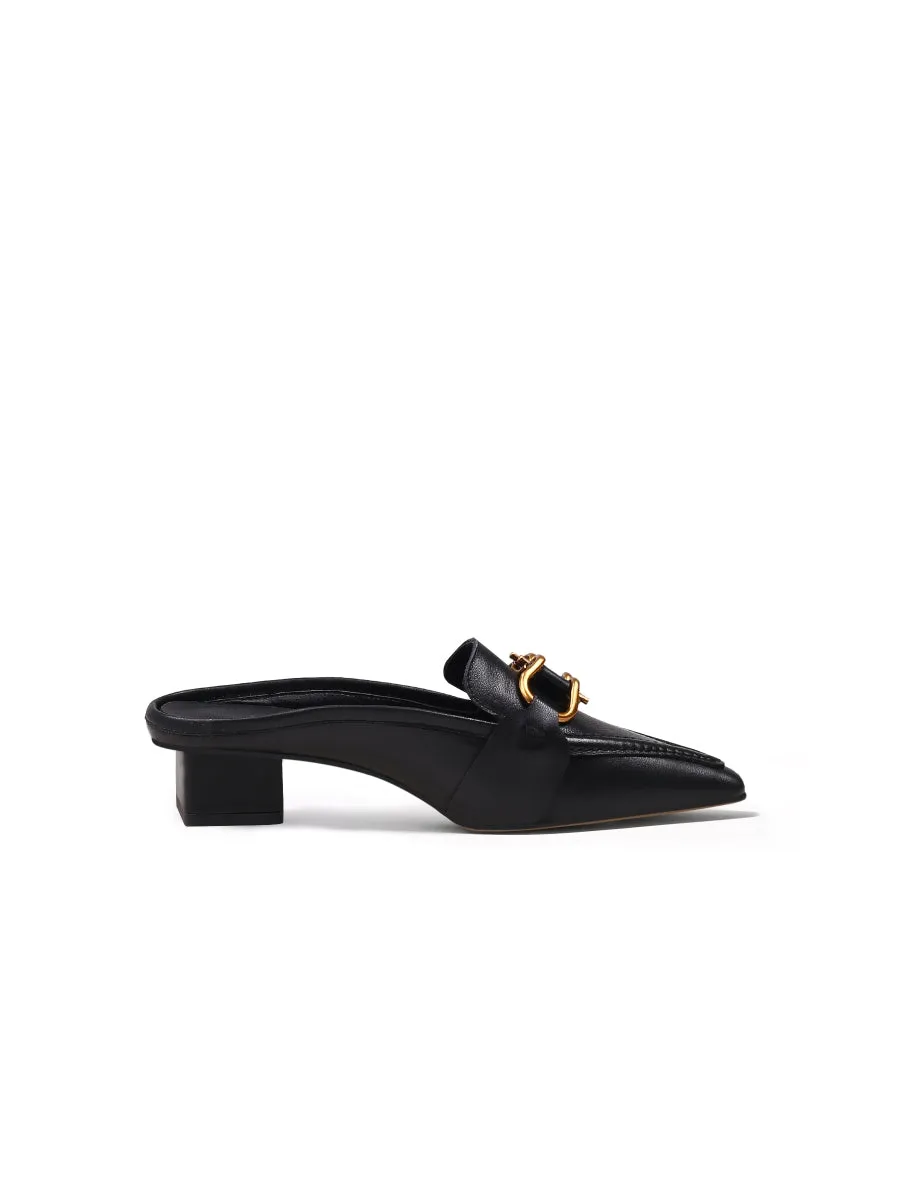 Genuine Leather Golden Lock Chain Mules Sandals - Black