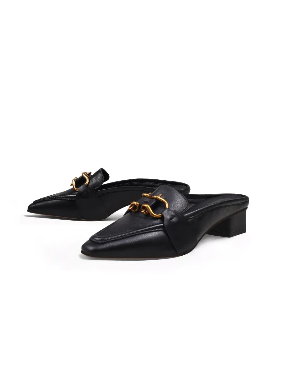 Genuine Leather Golden Lock Chain Mules Sandals - Black