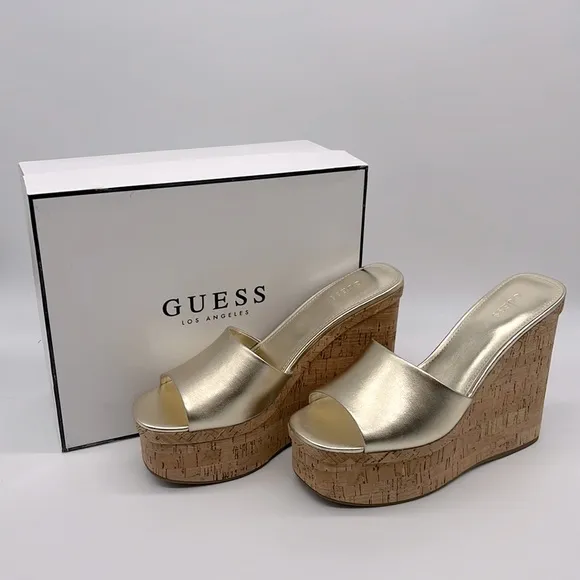 Guess NWB Catia Cork Wedge Sandals Gold