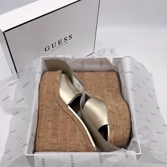 Guess NWB Catia Cork Wedge Sandals Gold