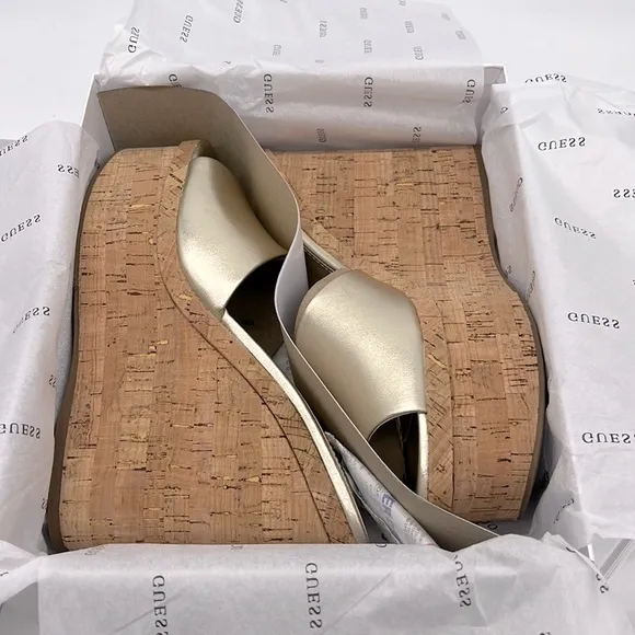 Guess NWB Catia Cork Wedge Sandals Gold