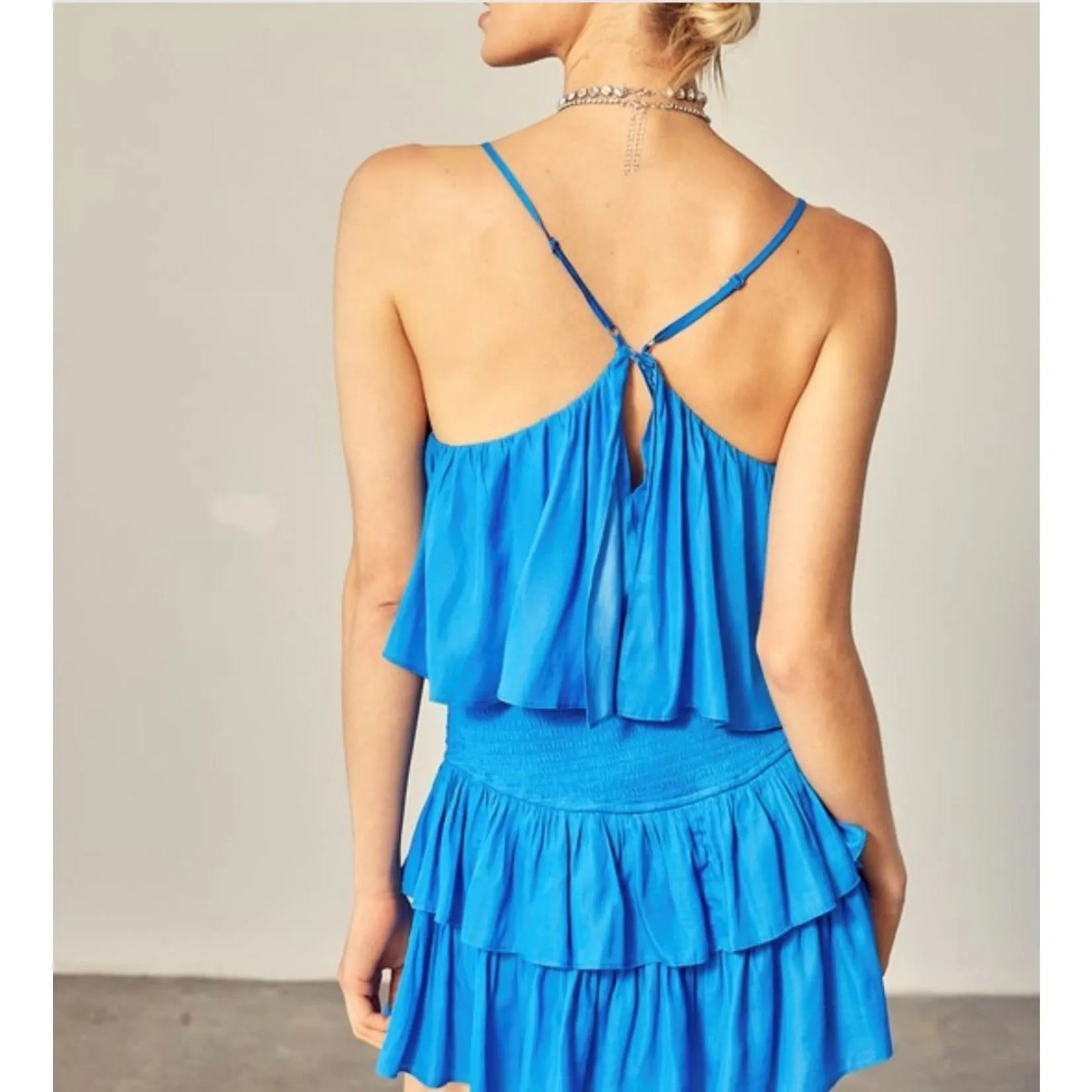 HALLIE SMOCKED RUFFLED ROMPER WITH ADJUSTABLE STRAPS