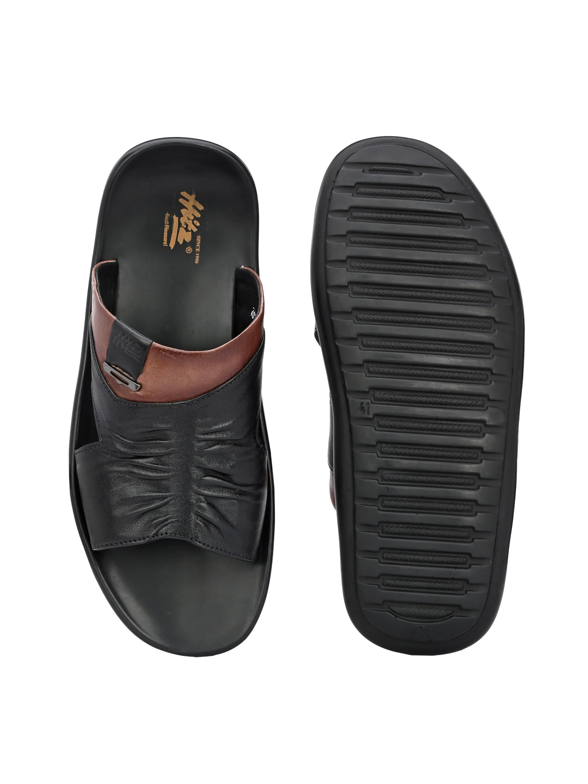 Hitz Men's Black Leather Open Toe Slippers