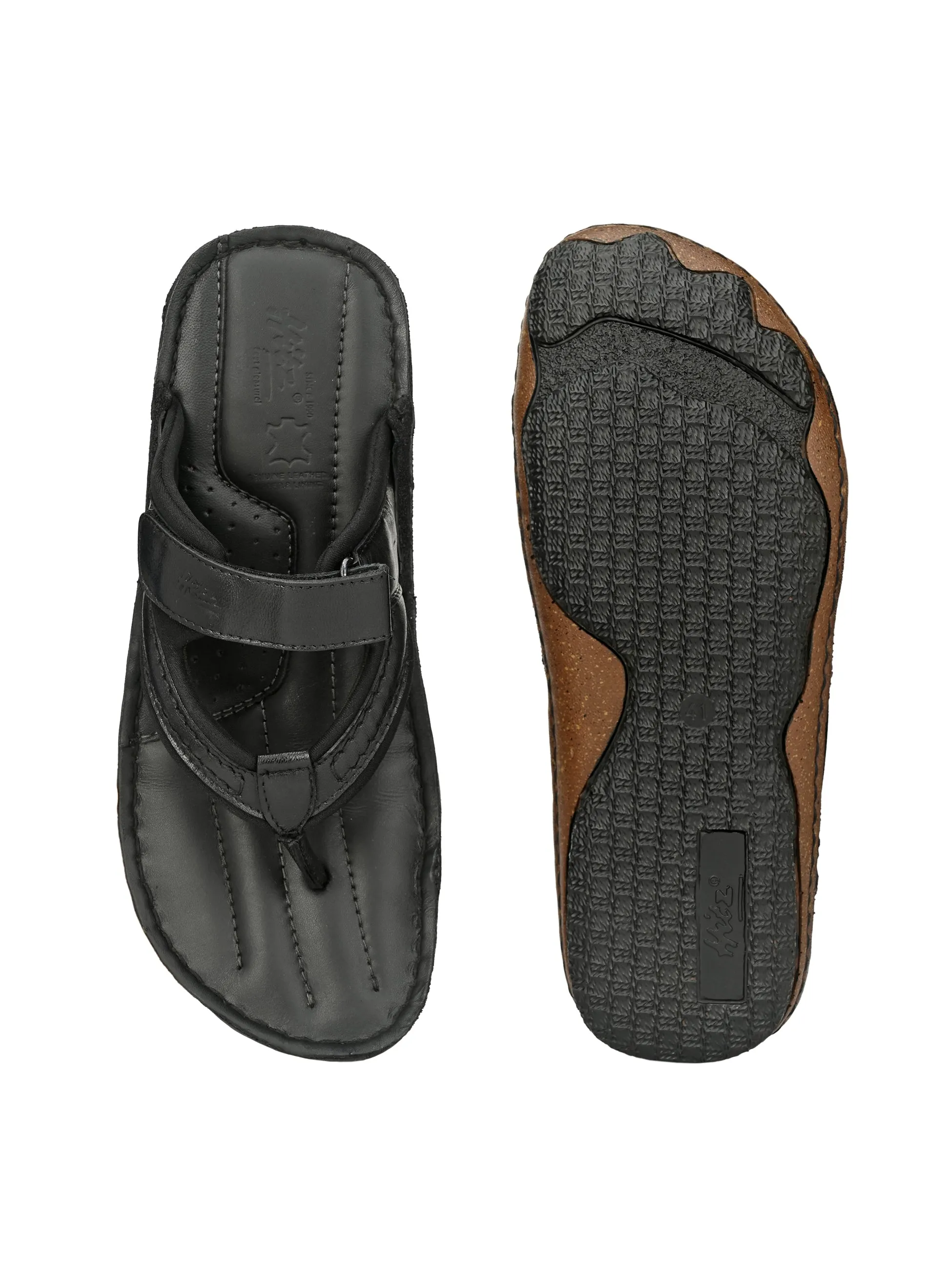 Hitz Men's Black Leather Open Toe Slippers