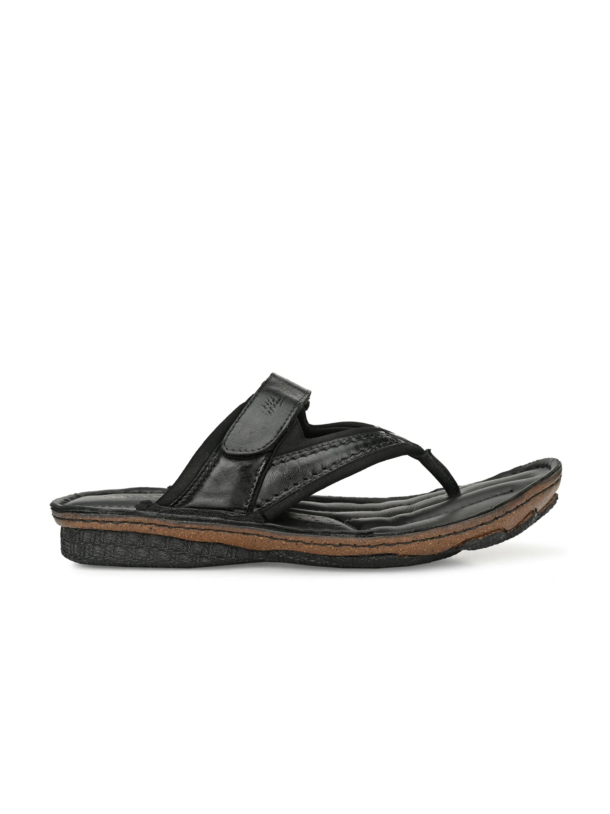 Hitz Men's Black Leather Open Toe Slippers