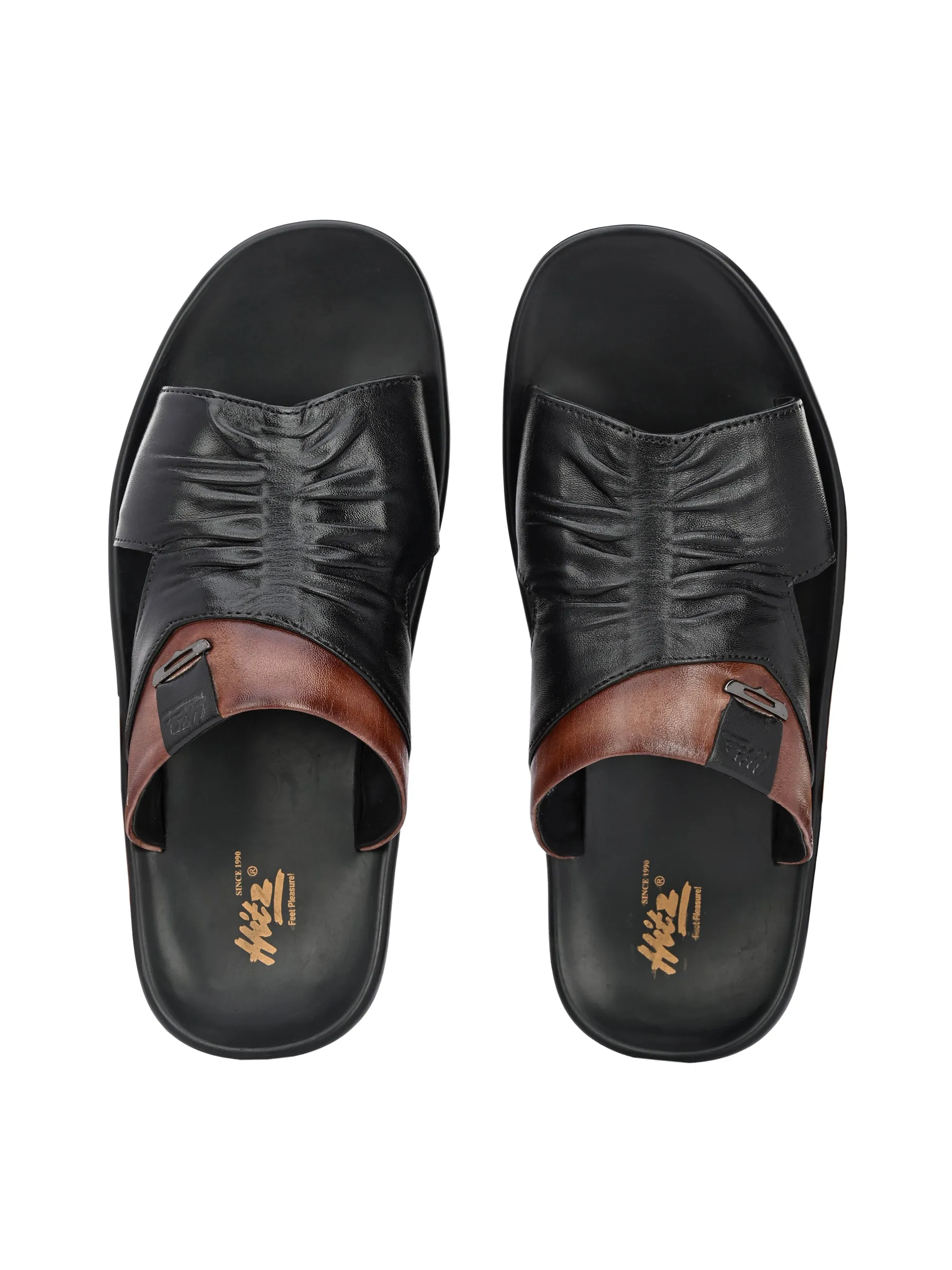 Hitz Men's Black Leather Open Toe Slippers