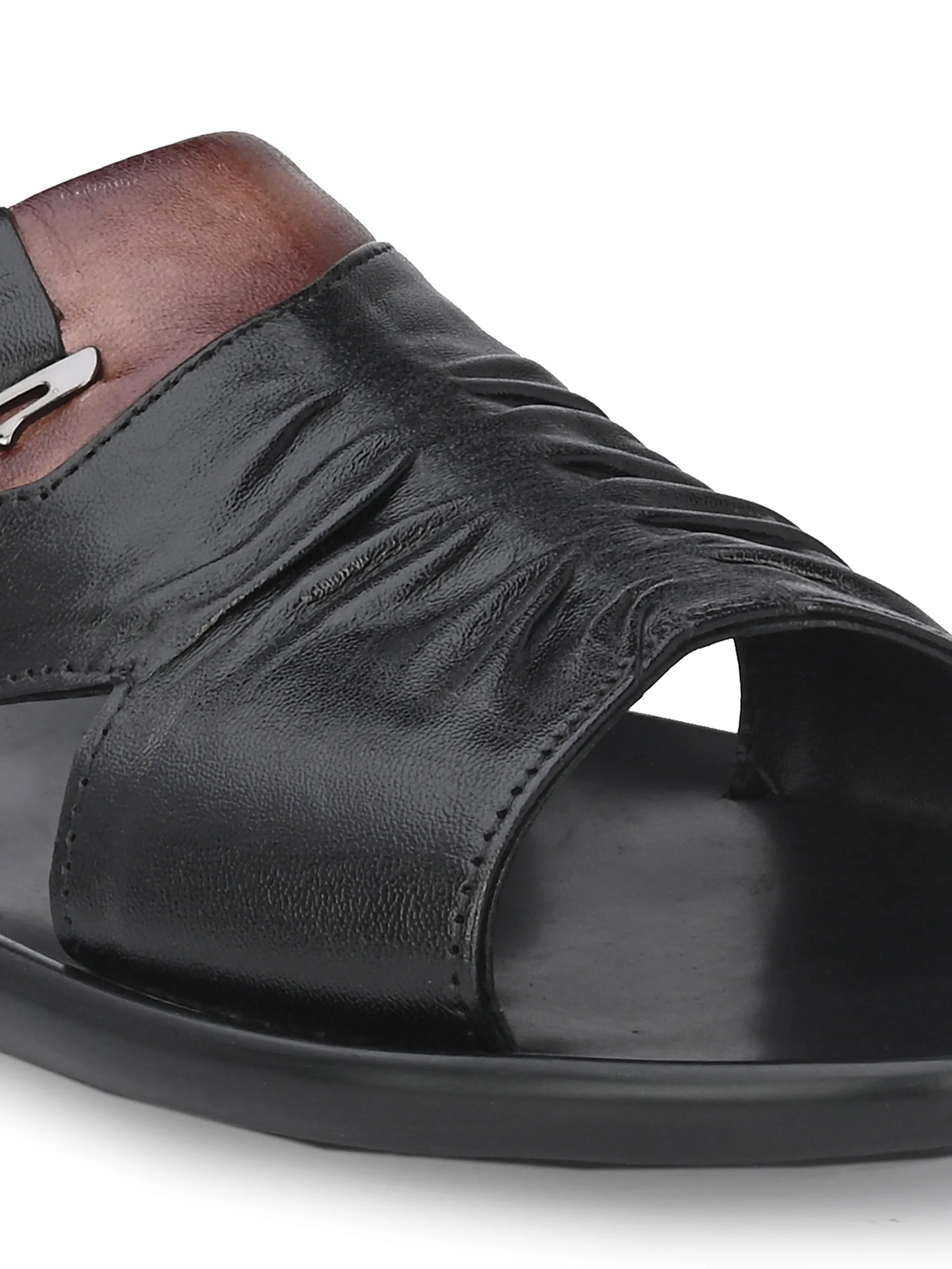 Hitz Men's Black Leather Open Toe Slippers