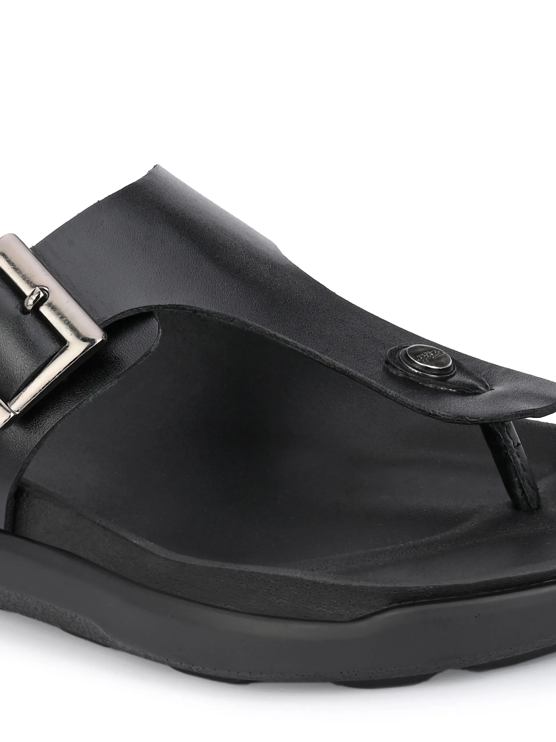 Hitz Men's Black Leather Open Toe Slippers
