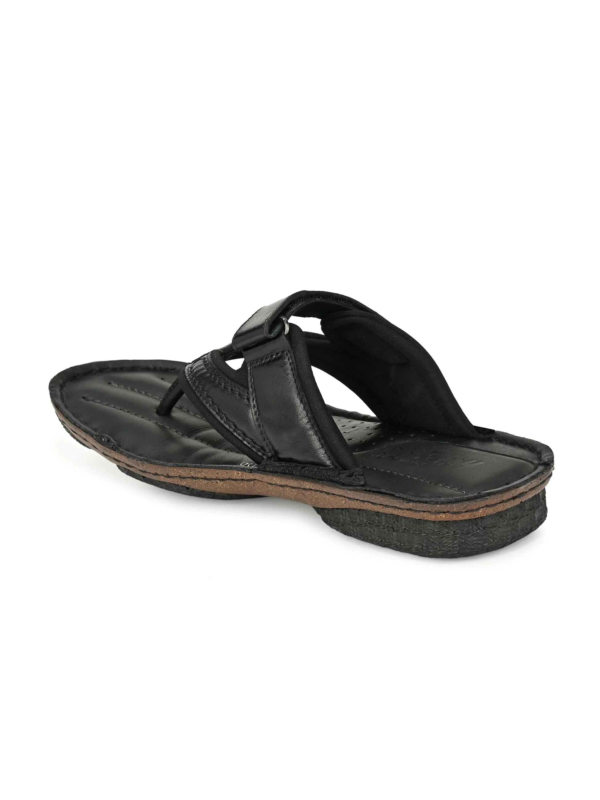 Hitz Men's Black Leather Open Toe Slippers