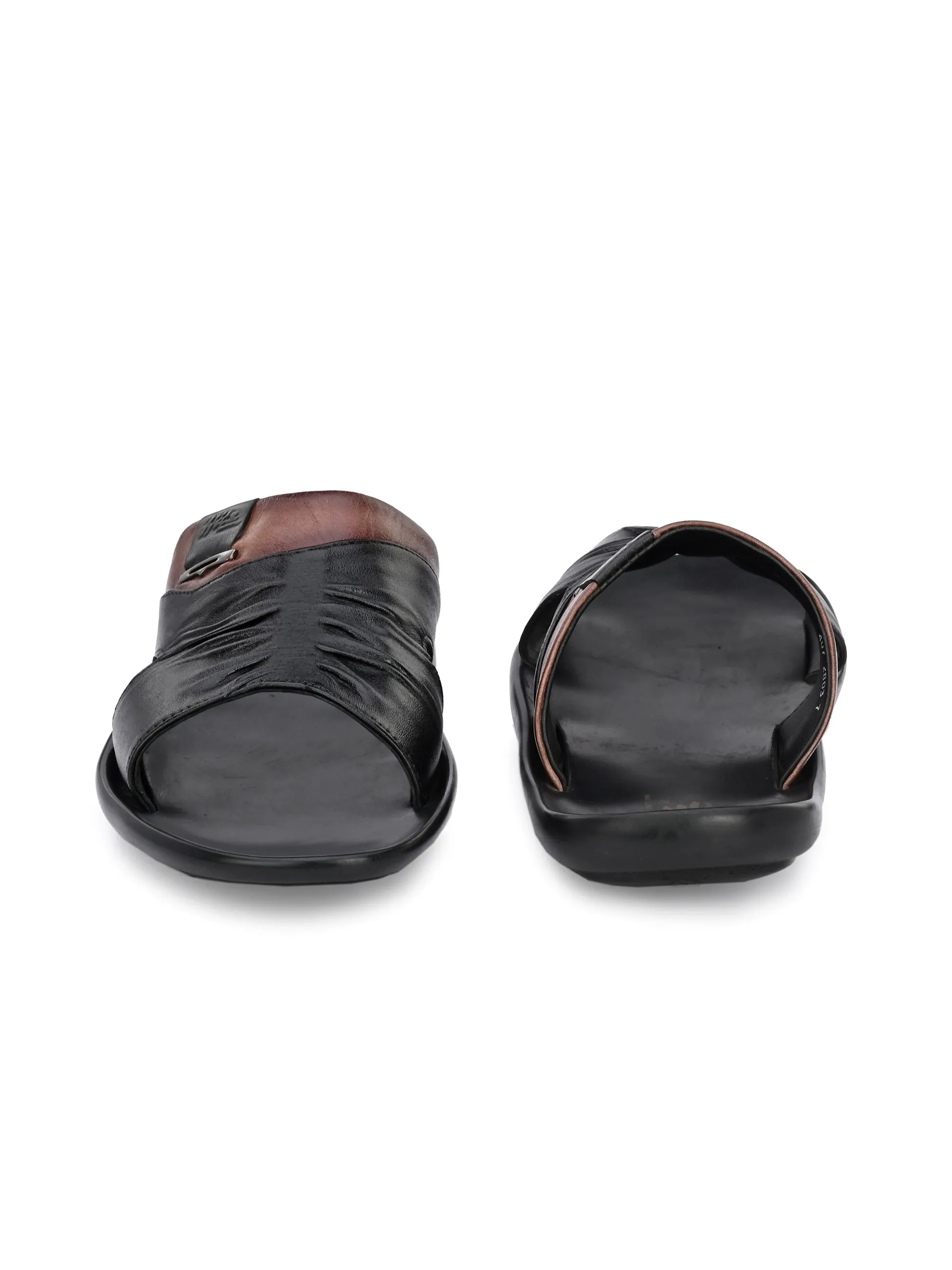Hitz Men's Black Leather Open Toe Slippers