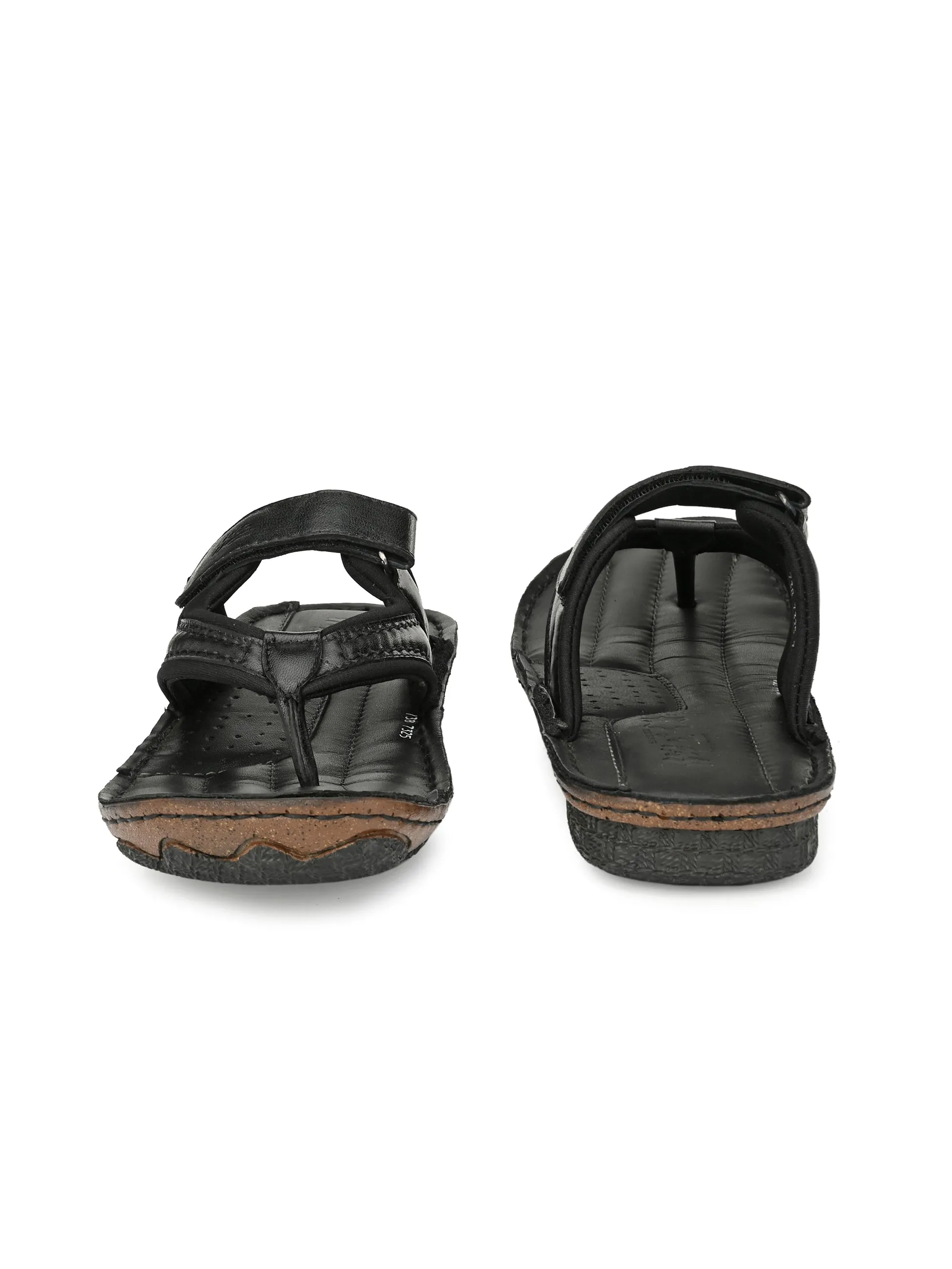 Hitz Men's Black Leather Open Toe Slippers