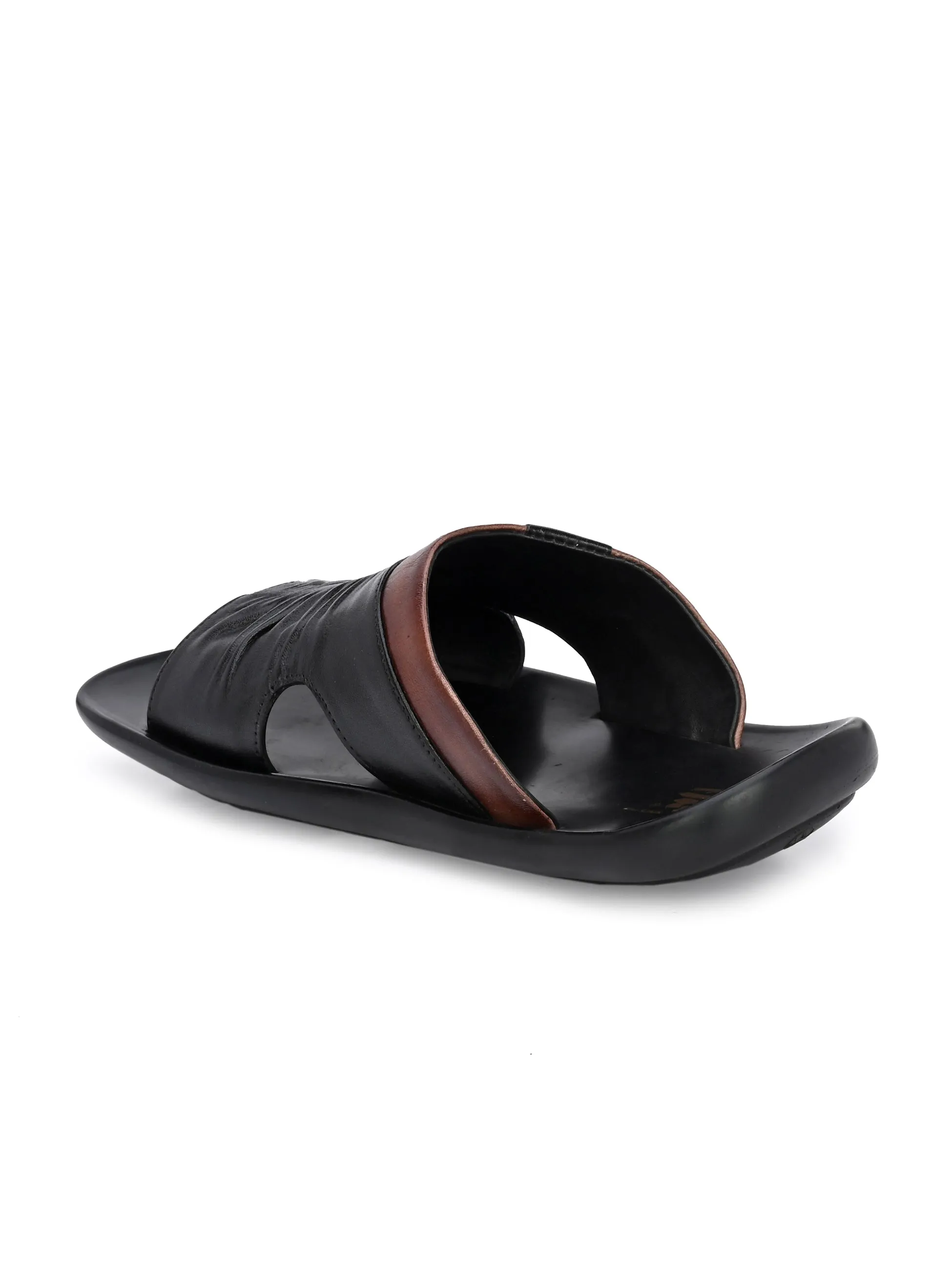 Hitz Men's Black Leather Open Toe Slippers