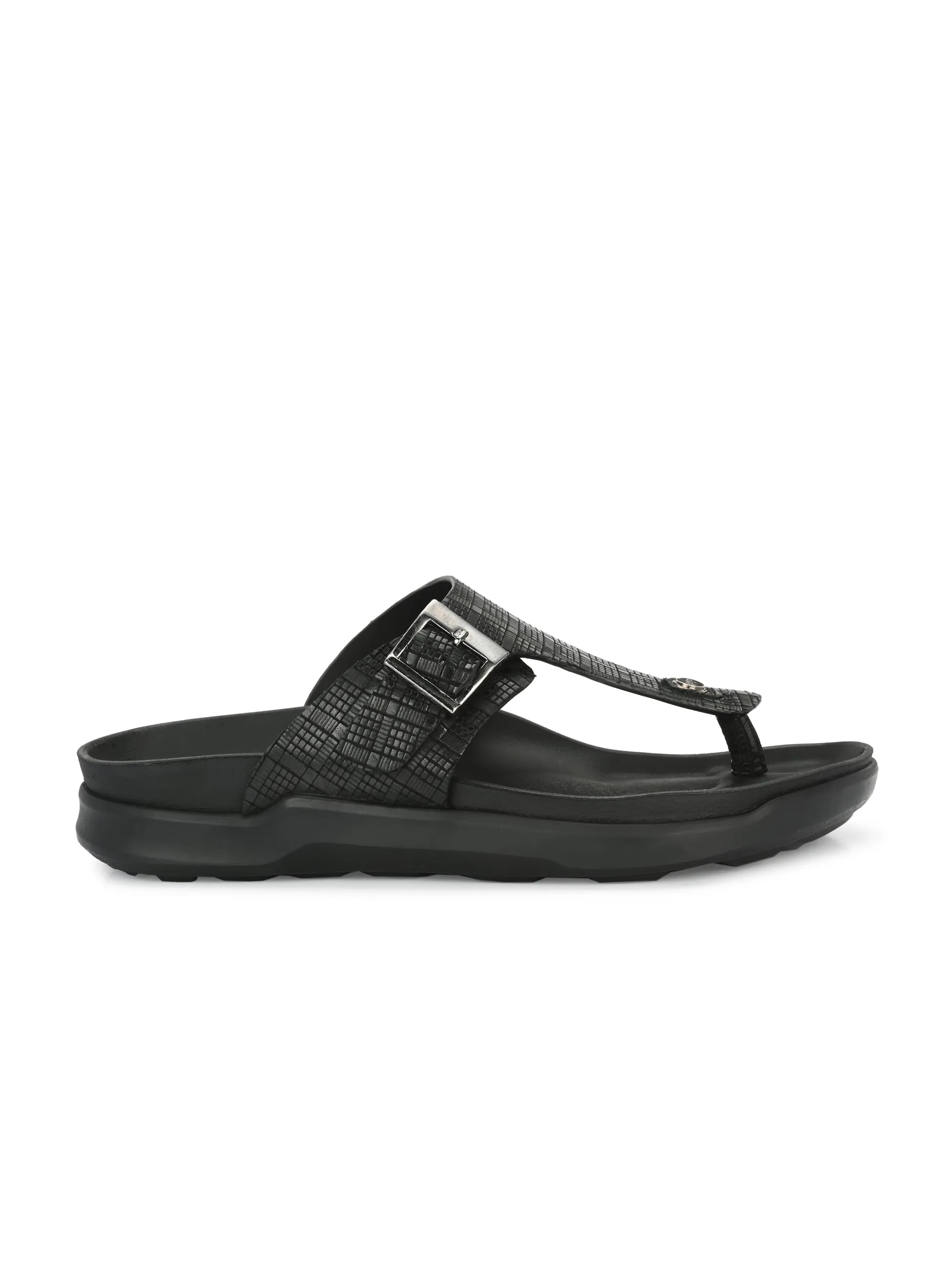 Hitz Men's Black Leather Open Toe Slippers