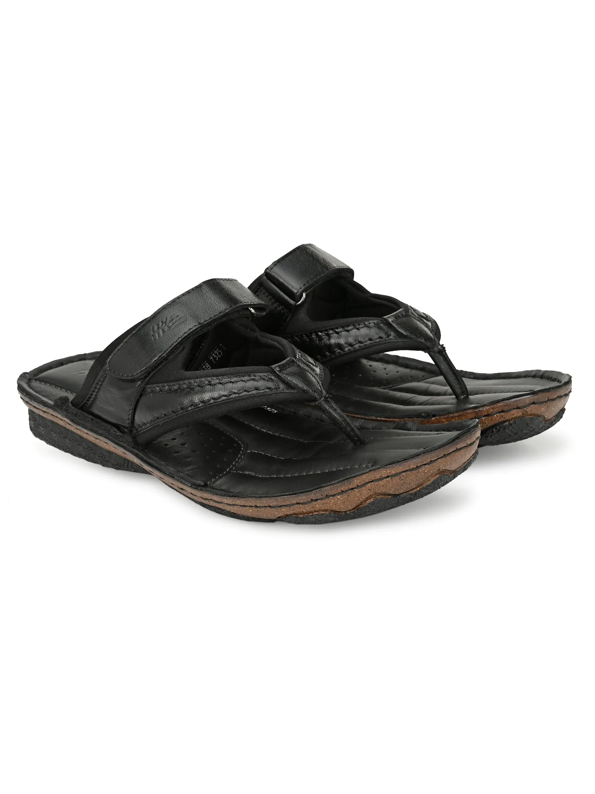 Hitz Men's Black Leather Open Toe Slippers