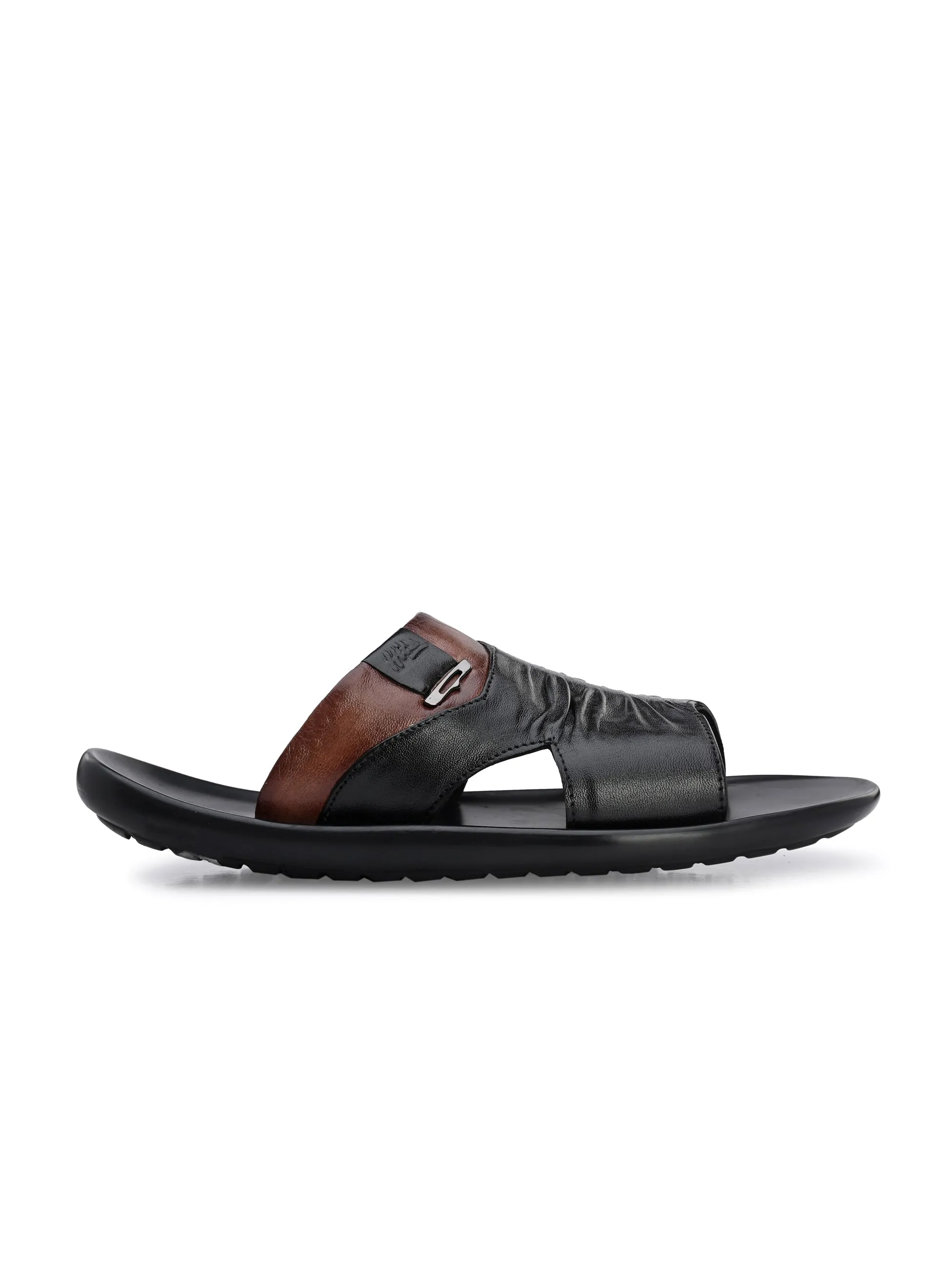 Hitz Men's Black Leather Open Toe Slippers