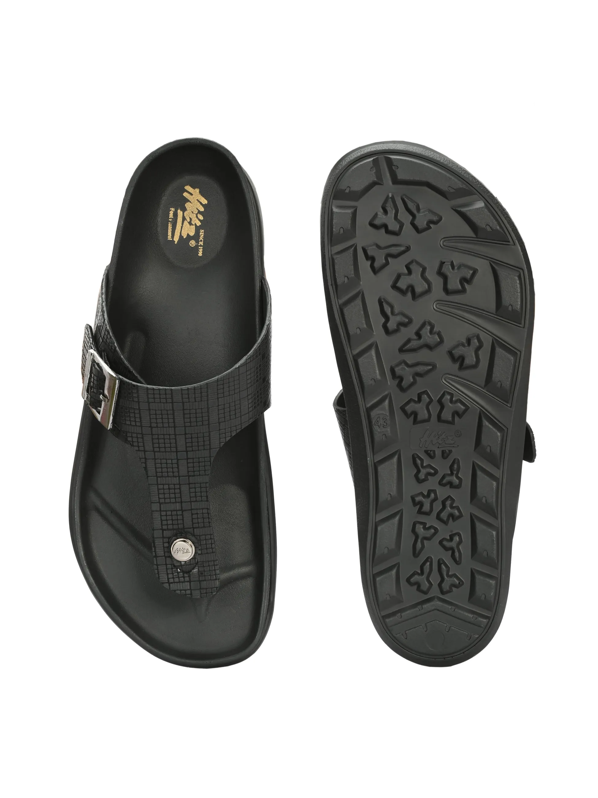 Hitz Men's Black Leather Open Toe Slippers