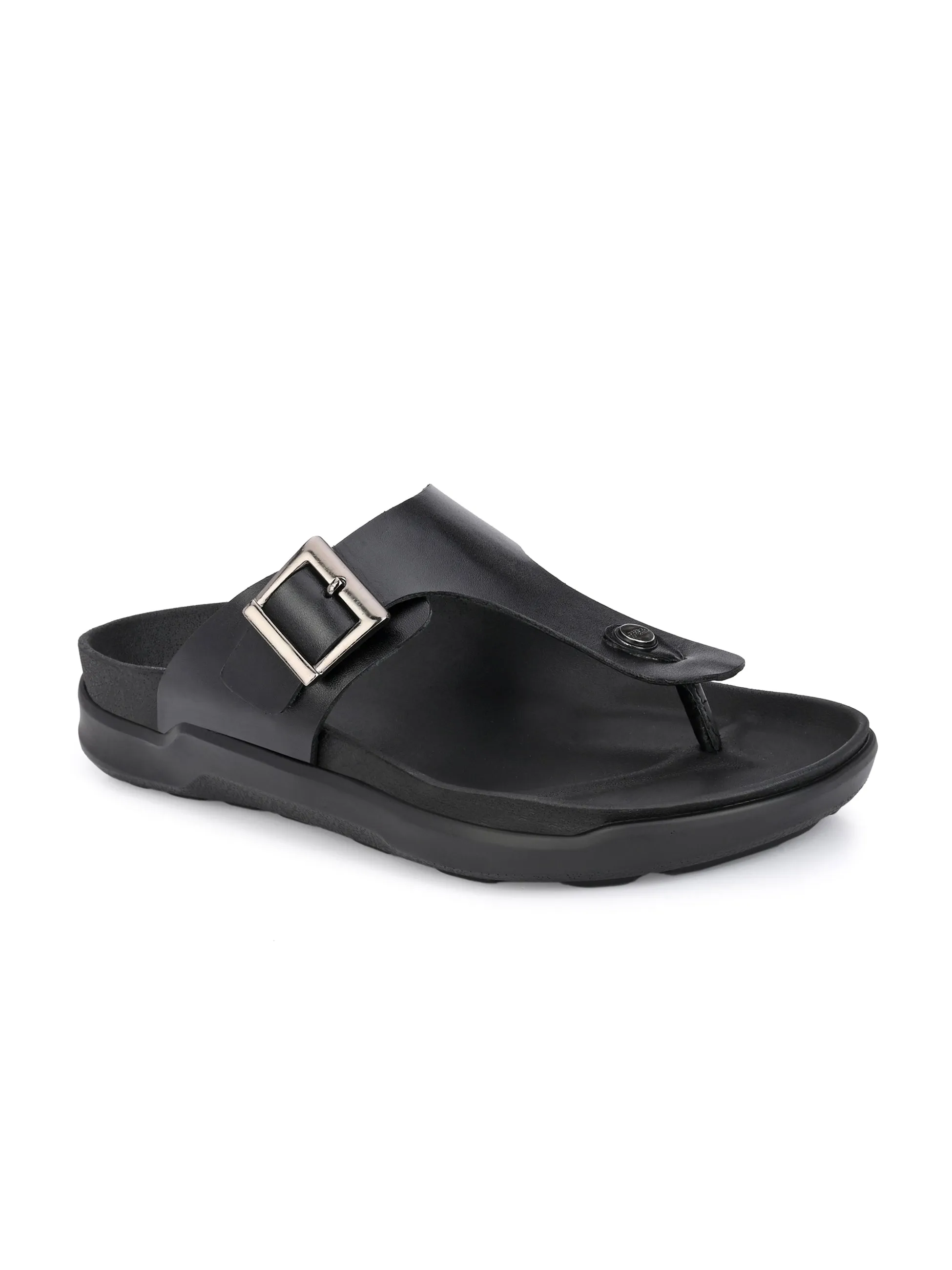 Hitz Men's Black Leather Open Toe Slippers