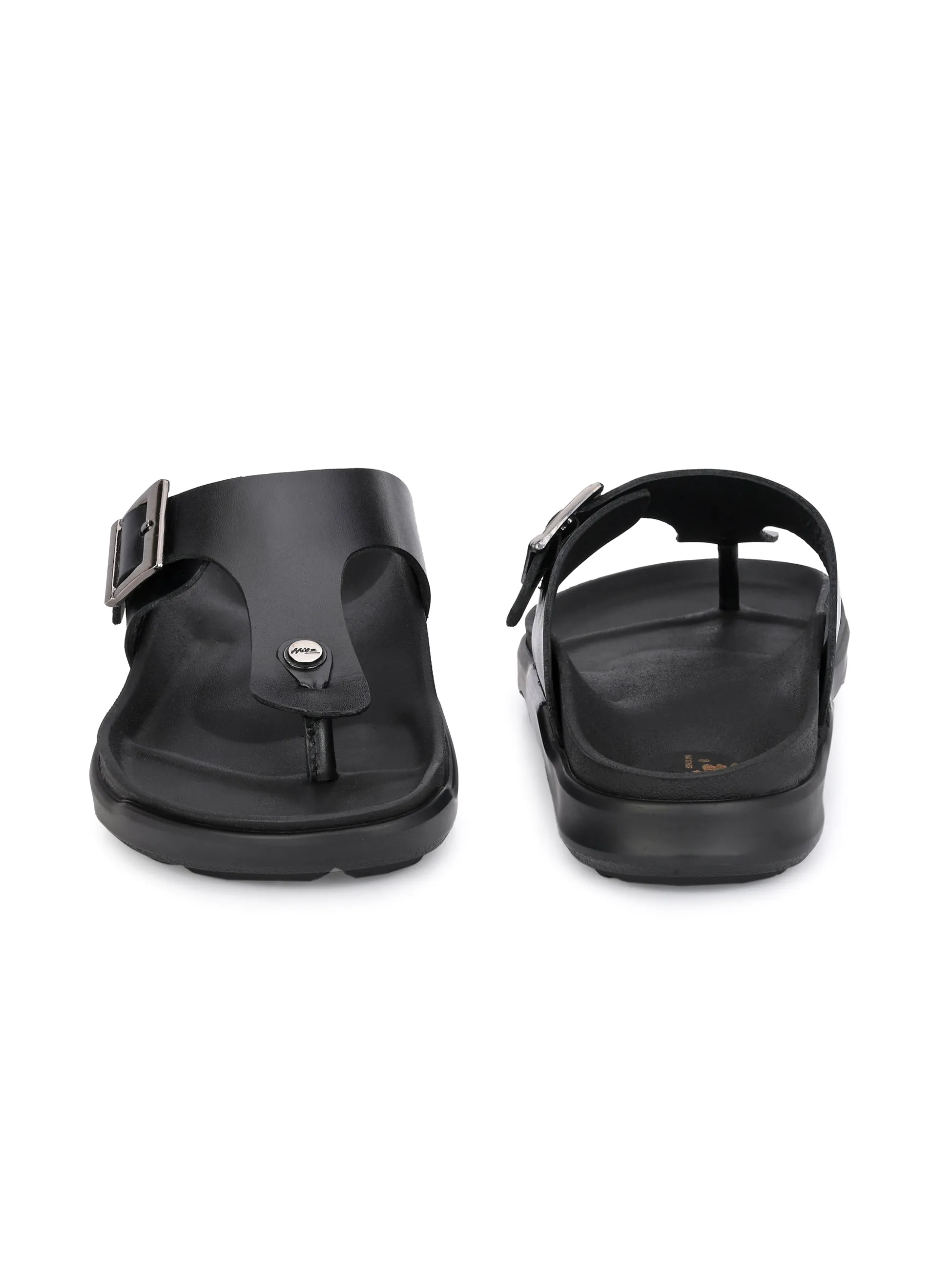 Hitz Men's Black Leather Open Toe Slippers