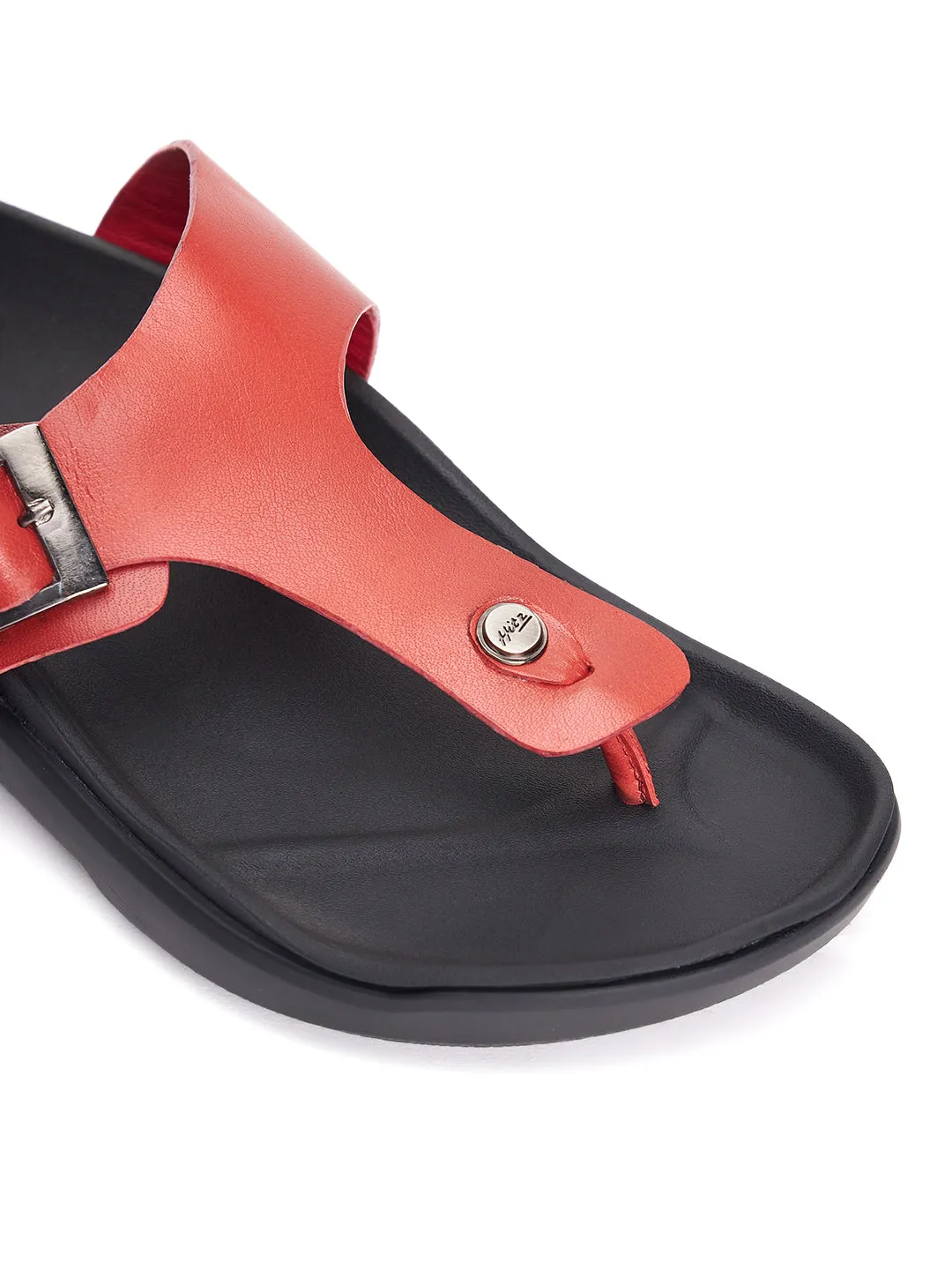 Hitz Men's Red Leather Open Toe Slippers
