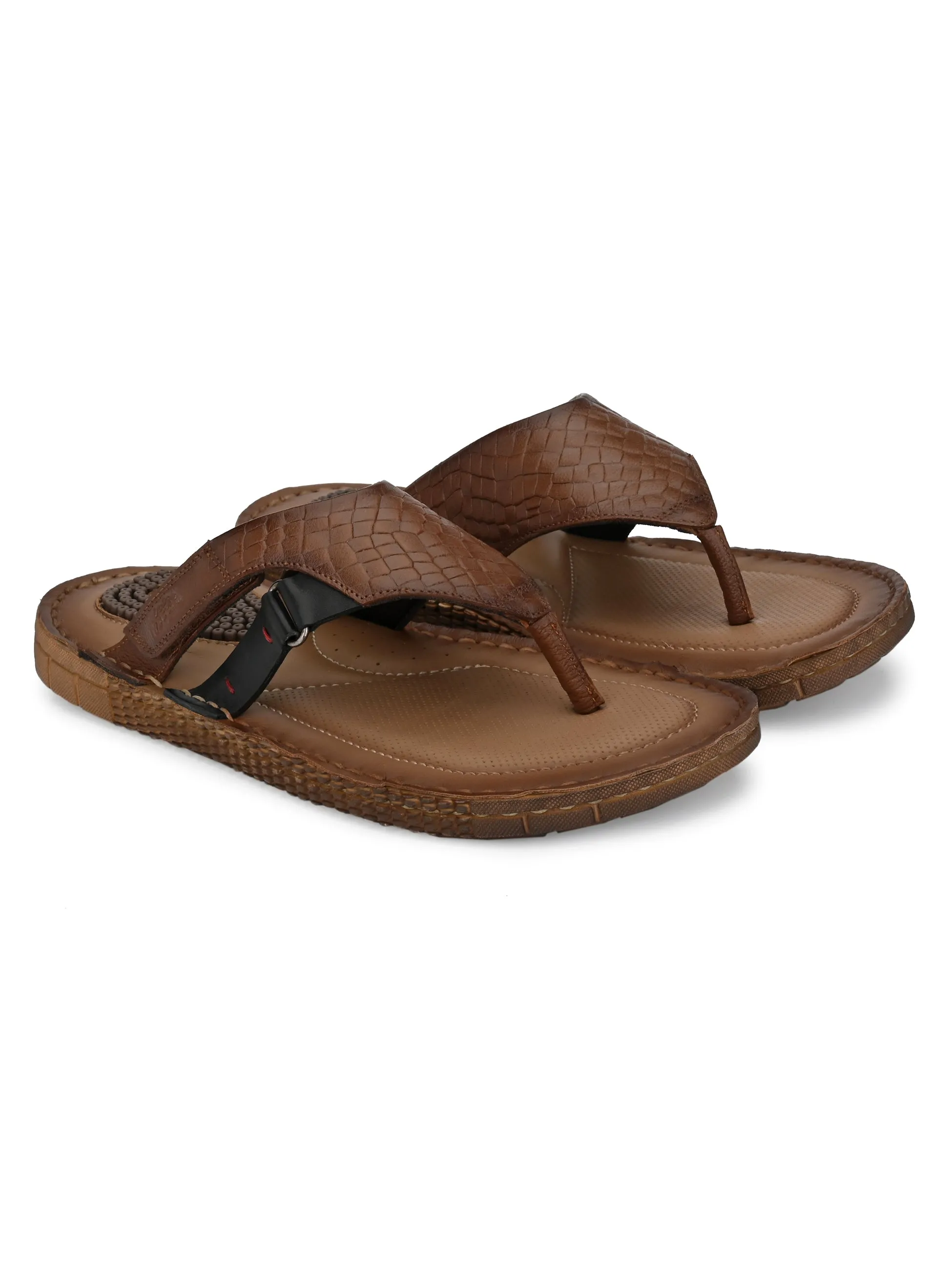 Hitz Men's Tan Leather Open Toe Indoor Outdoor Slippers