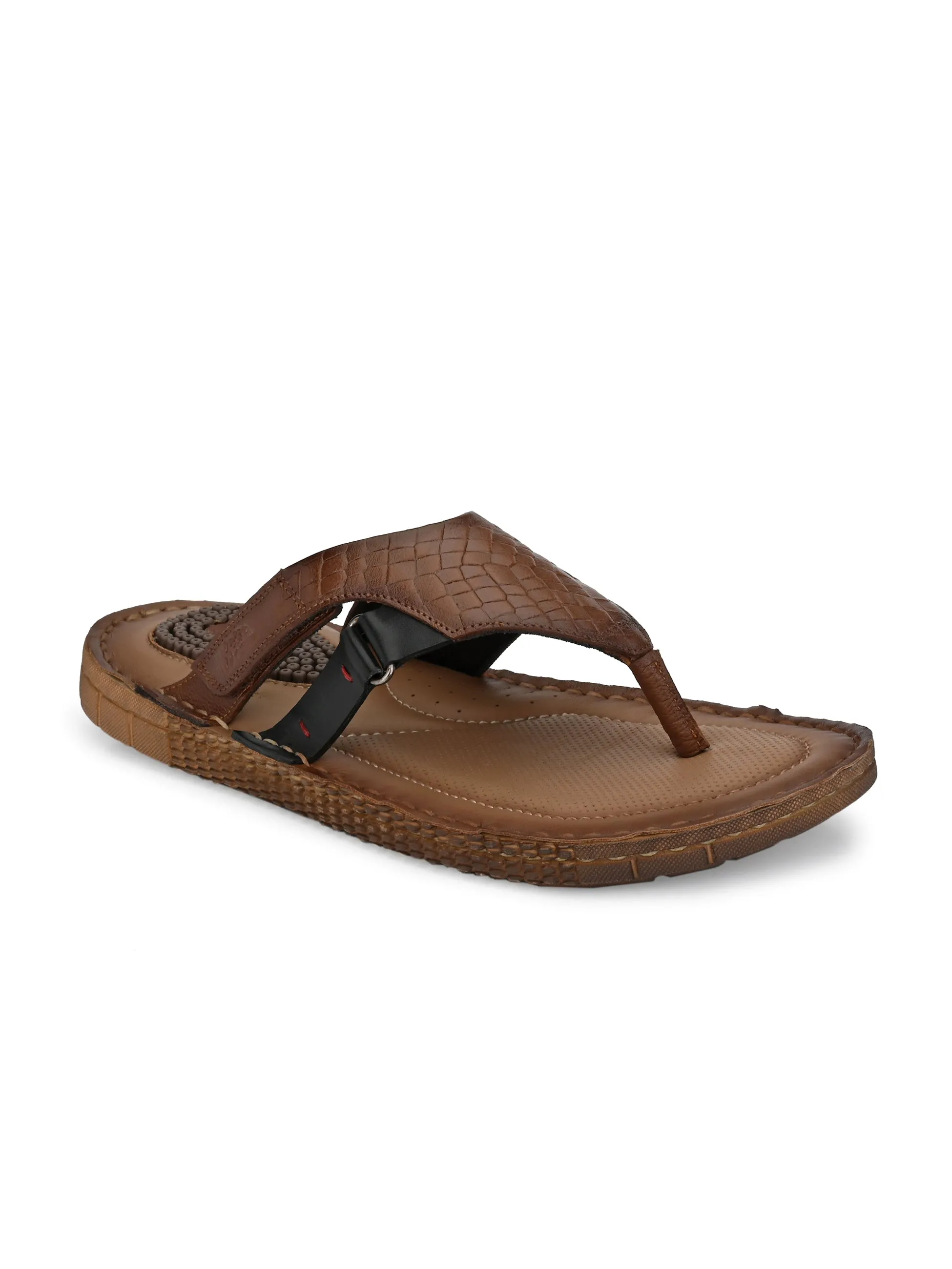 Hitz Men's Tan Leather Open Toe Indoor Outdoor Slippers