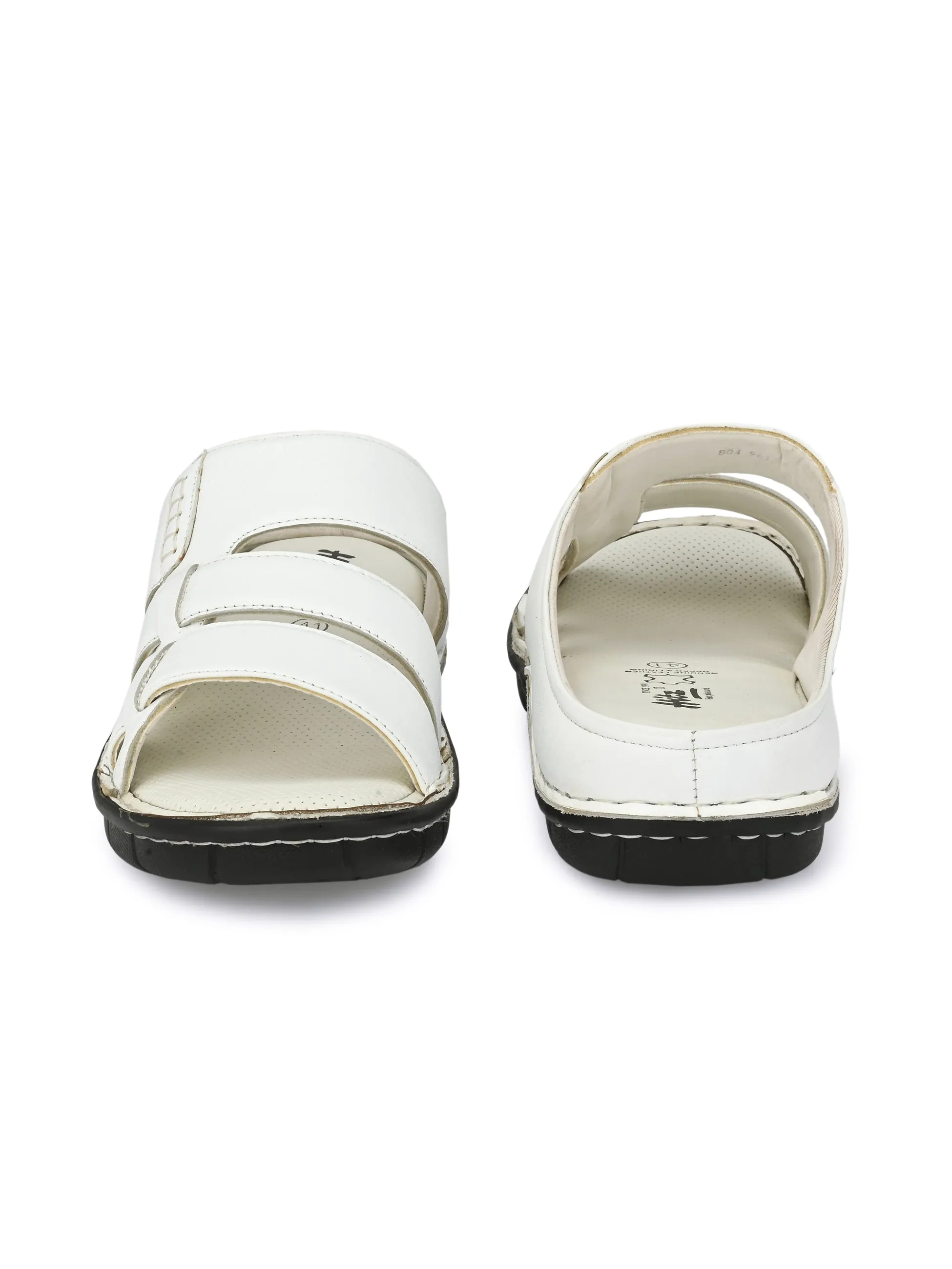 Hitz Men's White Leather Open Toe Comfort Slippers