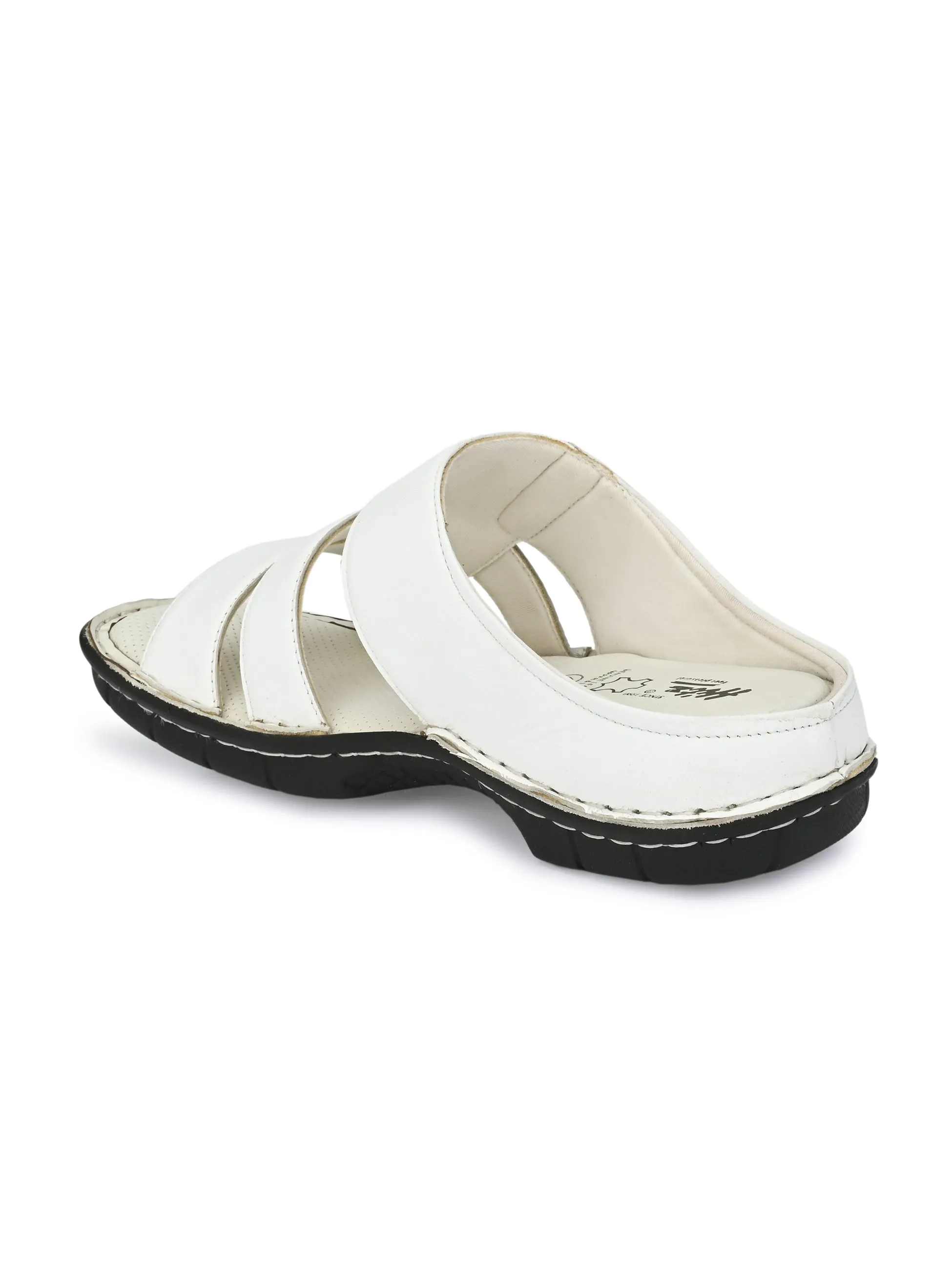 Hitz Men's White Leather Open Toe Comfort Slippers