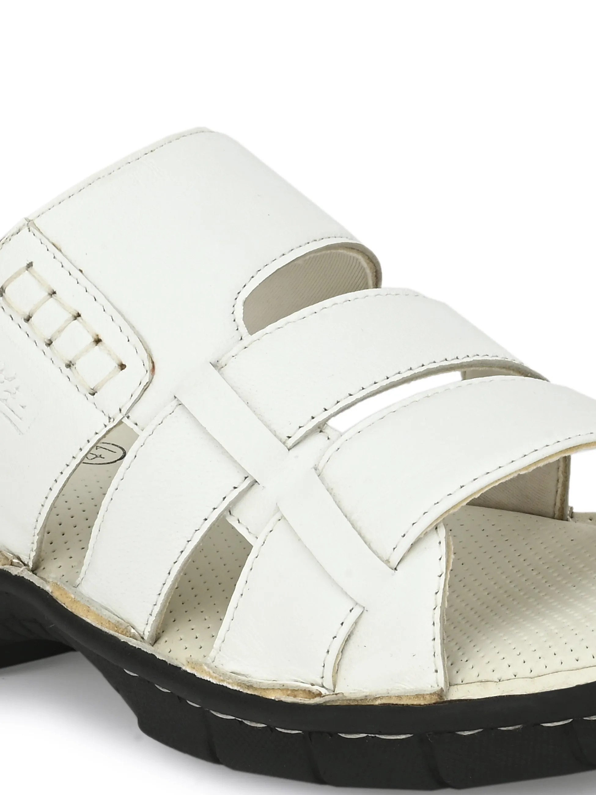 Hitz Men's White Leather Open Toe Comfort Slippers