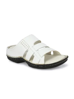 Hitz Men's White Leather Open Toe Comfort Slippers