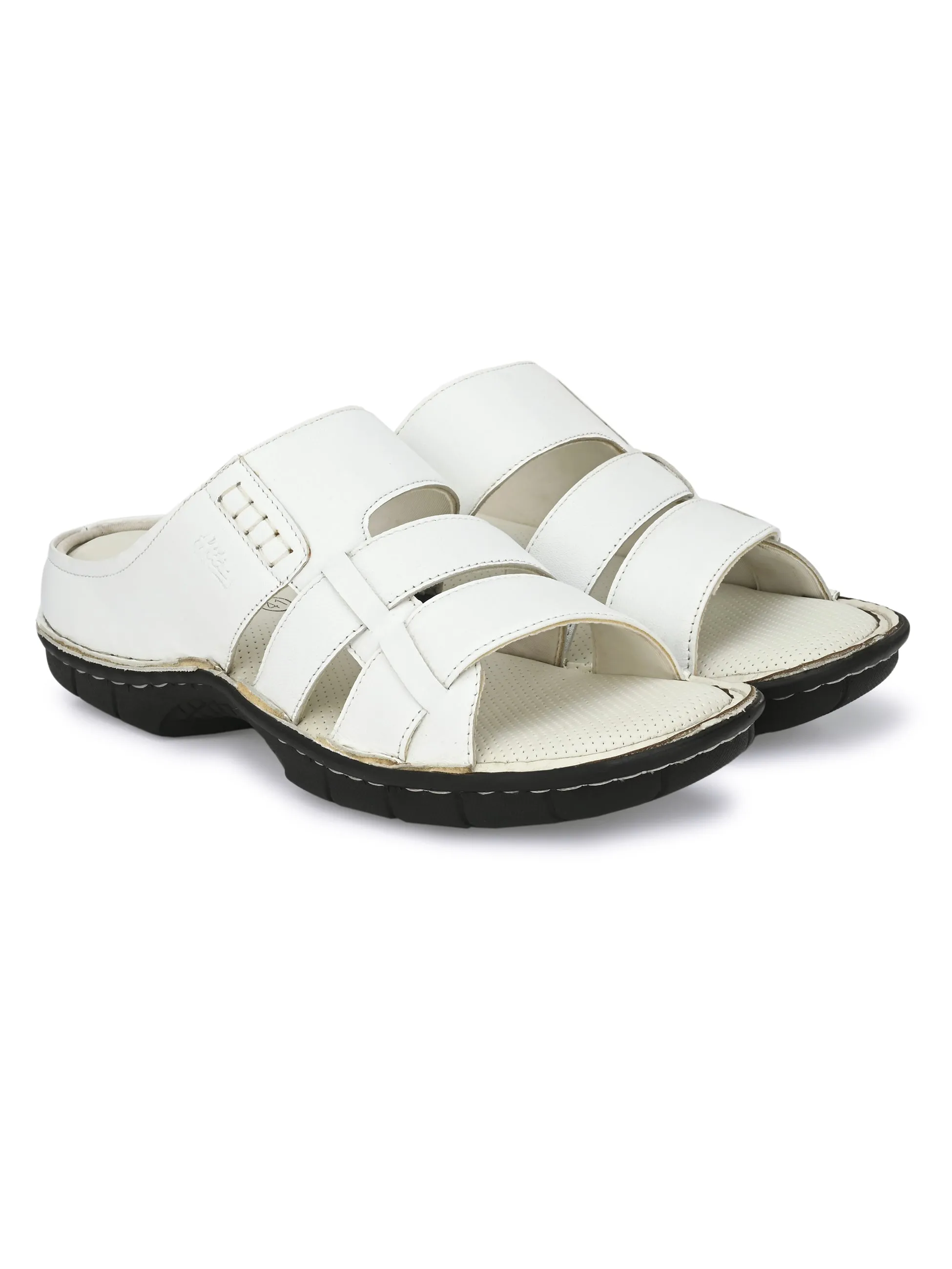 Hitz Men's White Leather Open Toe Comfort Slippers