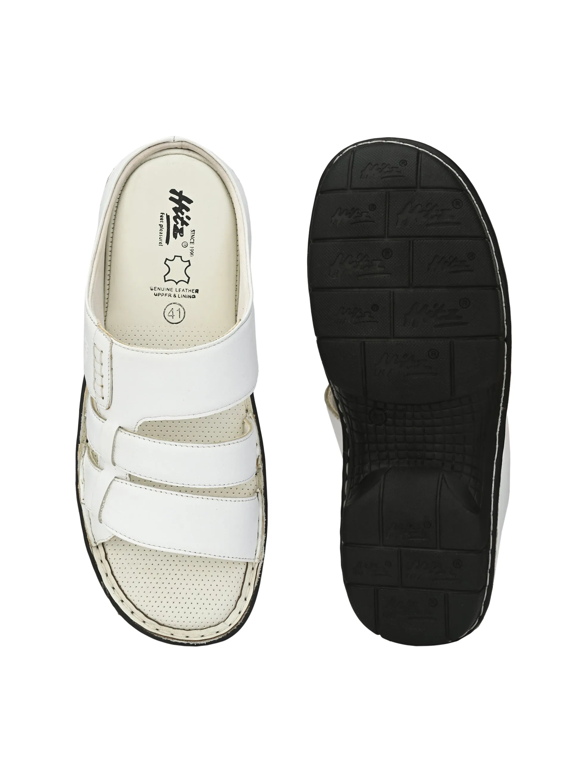 Hitz Men's White Leather Open Toe Comfort Slippers