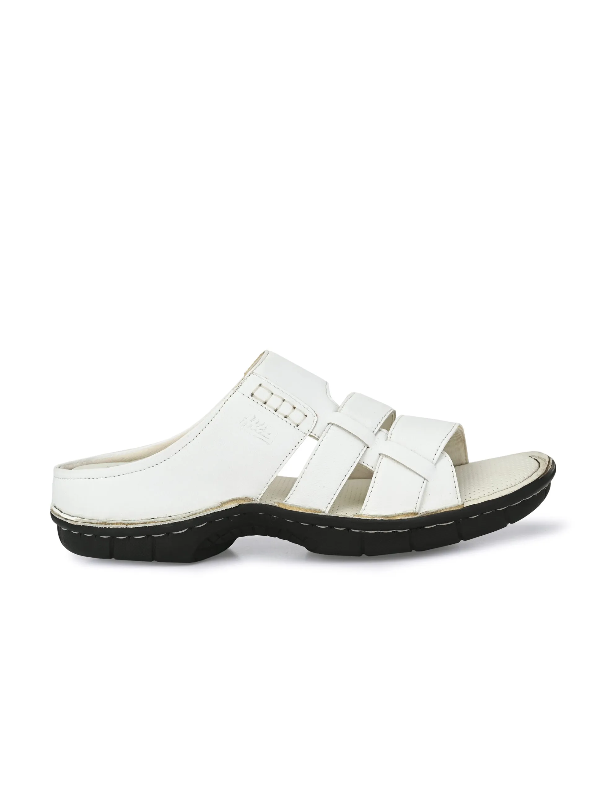 Hitz Men's White Leather Open Toe Comfort Slippers