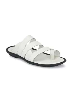 Hitz Men's White Leather Open Toe Indoor Outdoor Comfort Slippers